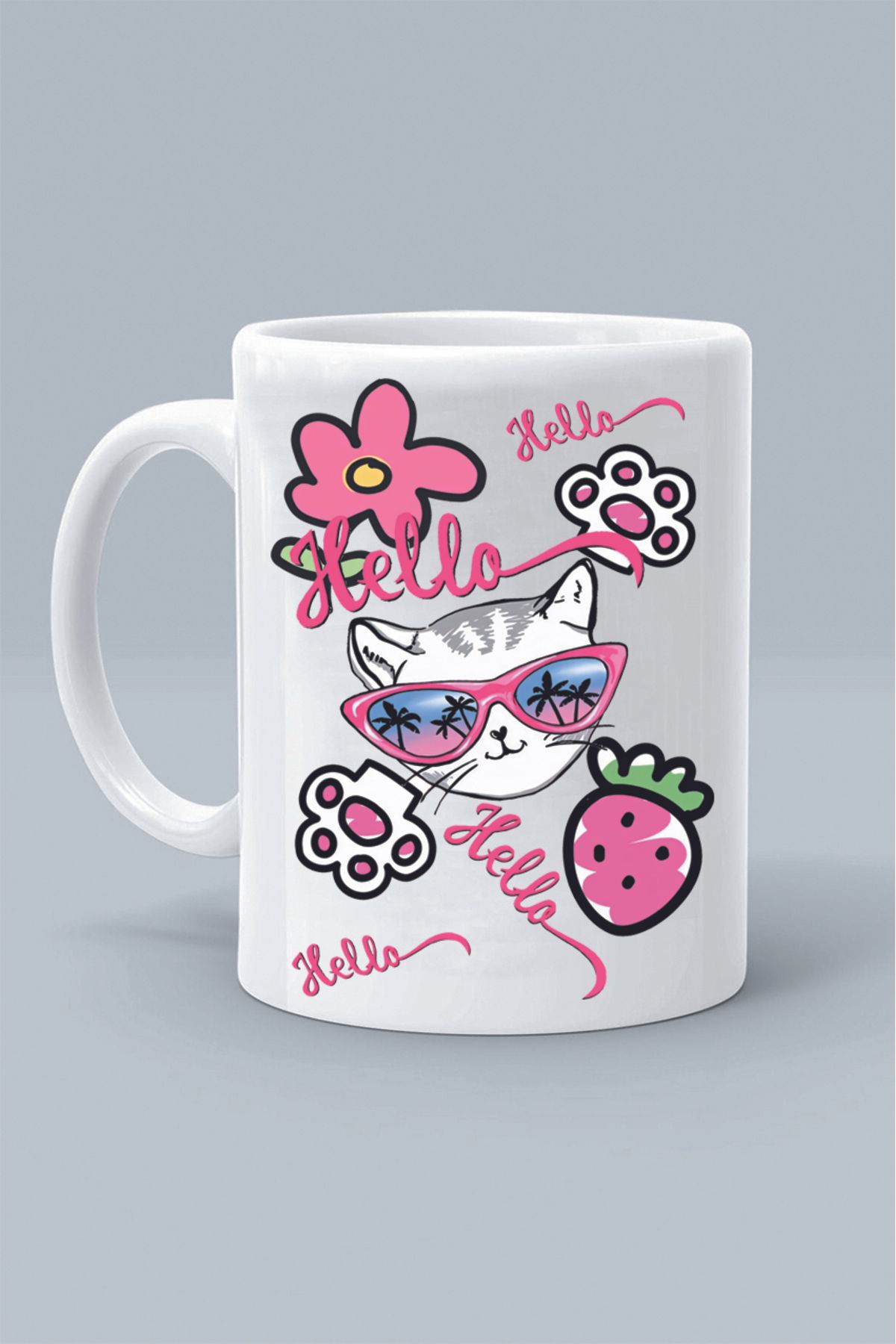 Olympus plus HELLO CAT PEMBE PATİLİ KEDİ TASARIM BASKILI BEYAZ KLASİK KUPA BARDAK