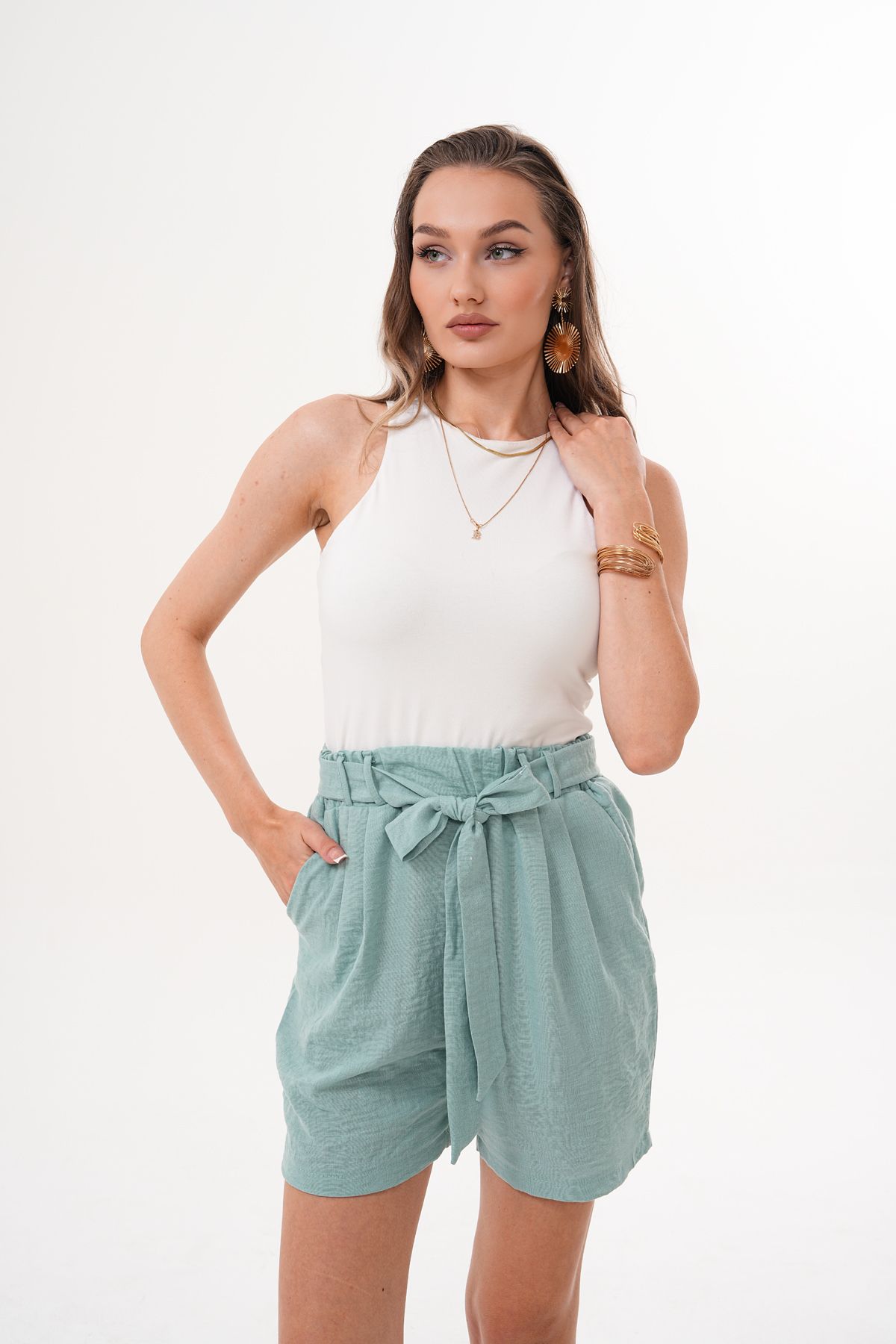 happinice Kadın Çağla Yeşili Beli Lastikli Kemerli Çift Cep Keten Şort