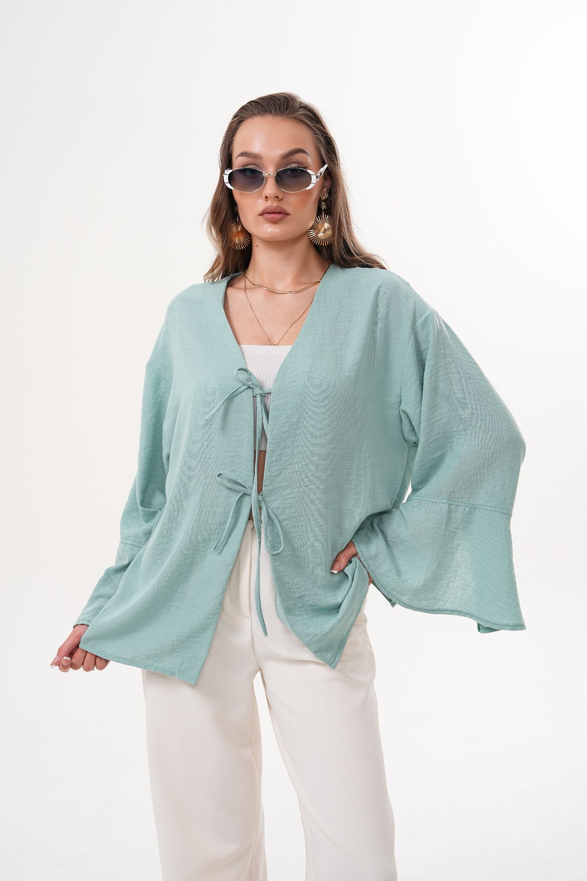 happinice Kadın Çağla Yeşili Çift Bağlamalı Keten Kimono