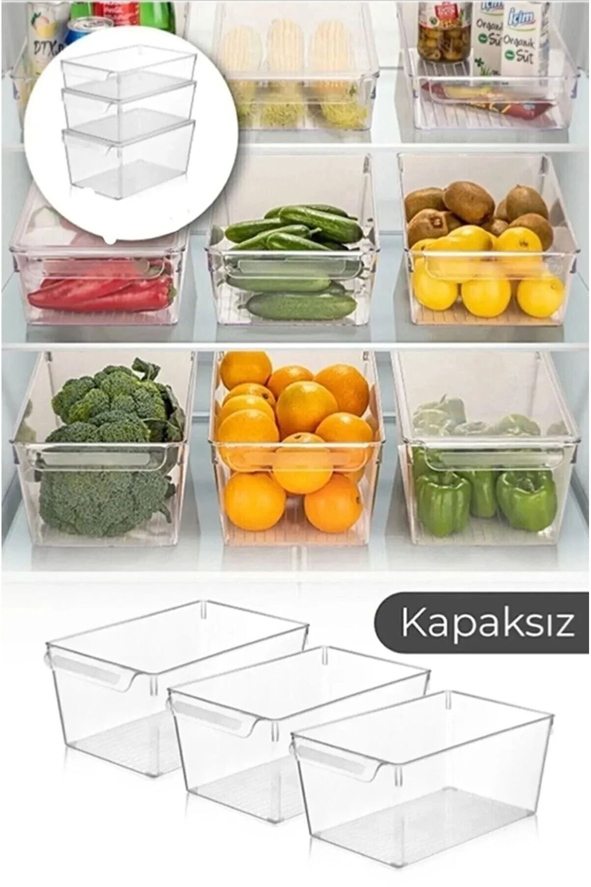 teknotrust Şeffaf Çok Amaçlı Buzdolabı ve Banyo Organizer Seti 3'lü (20x32,5x14cm)