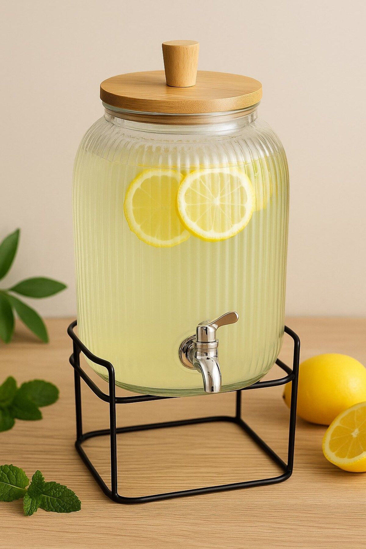 morponi Cam Şerbetlik – 3,75 Litre, Musluklu, Bambu Kapaklı, Metal Standlı