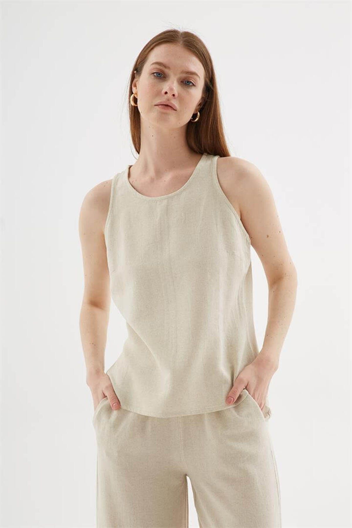 Fashion Friends Kolsuz Keten Bluz Natural