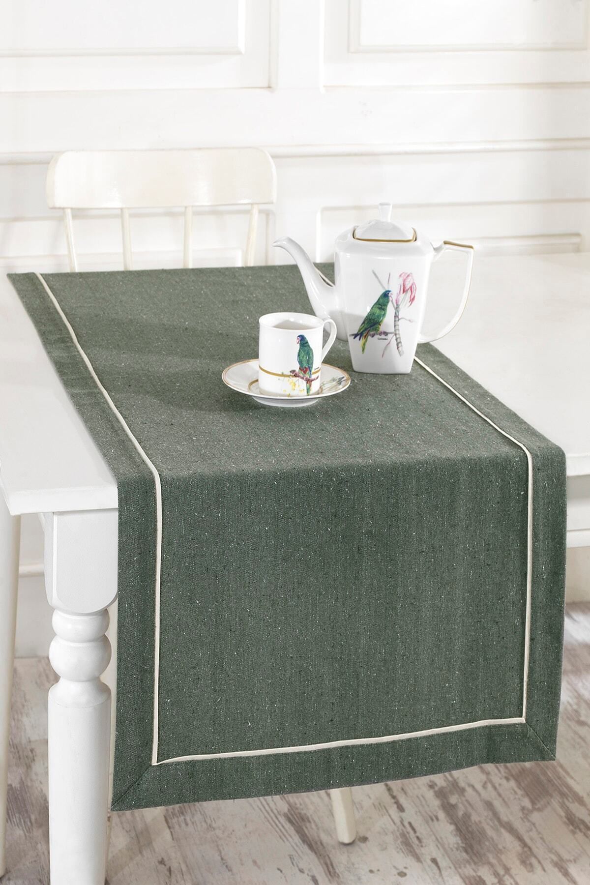 Elioure Yeşil Buldan Kumaşı Biyeli Runner 50x130 Cm, şık ve kaliteli ev dekoru.