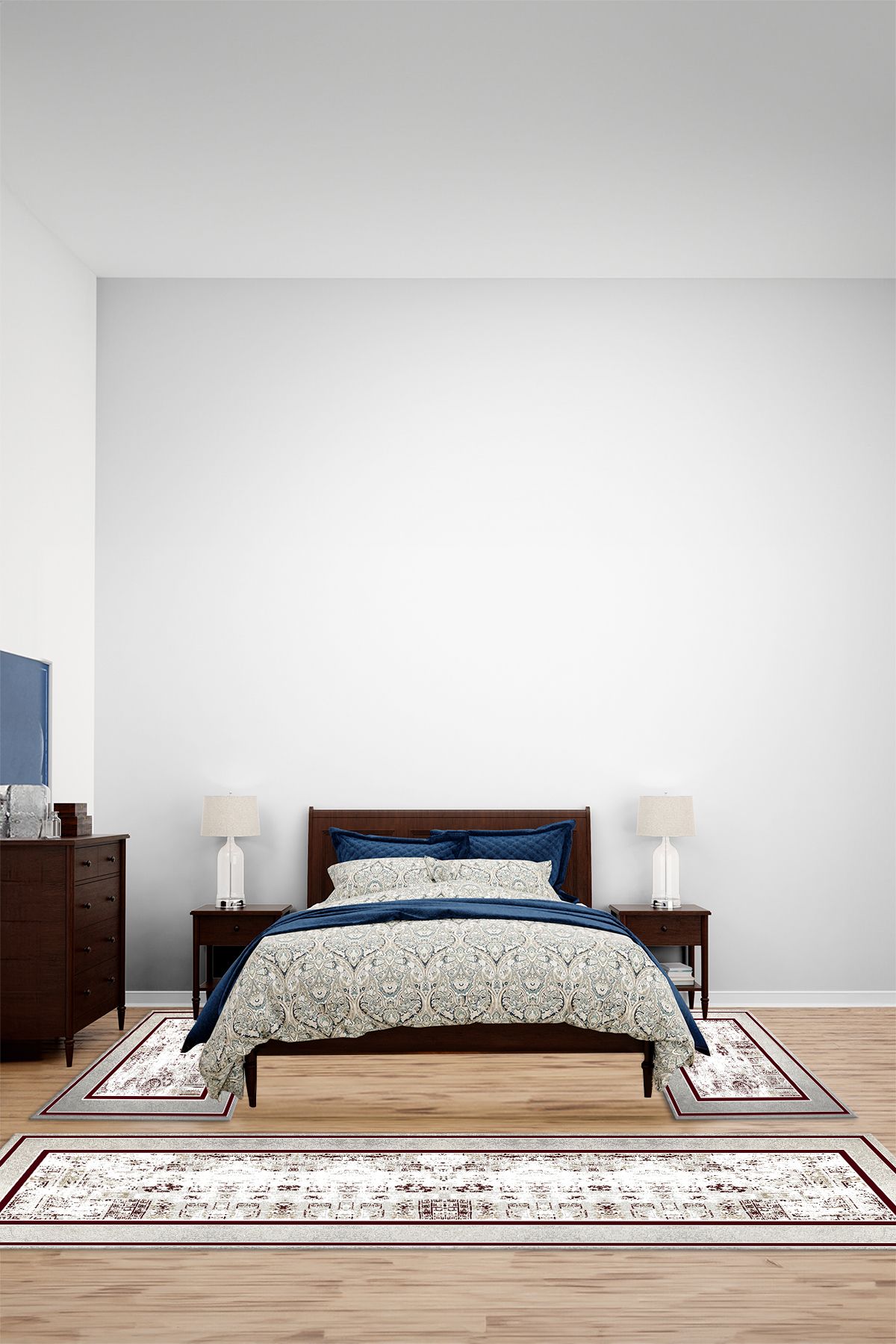 Viyana Home Dijital Kaymaz Yıkanabilir Çerçeveli Göbek Üçlü Yatak Odası Takım Halısı, YO-ÇERÇEVELİ-209-BORDO,