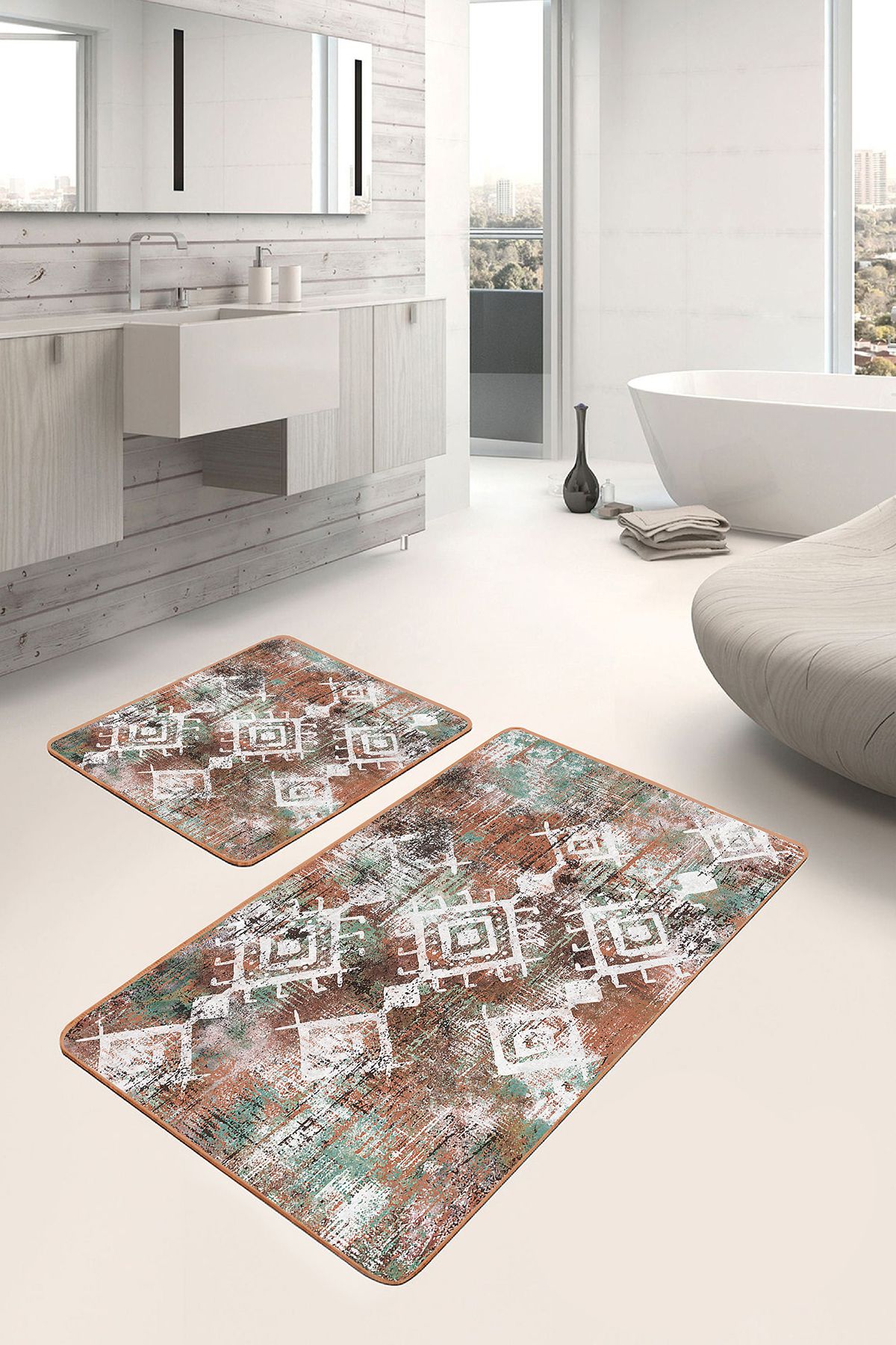 Realhomes Yeşil - Kremit Zeminde Etnik Motifli Kilim Eskitme Motifli Etnik Motifler 2'li Banyo Paspas Takımı