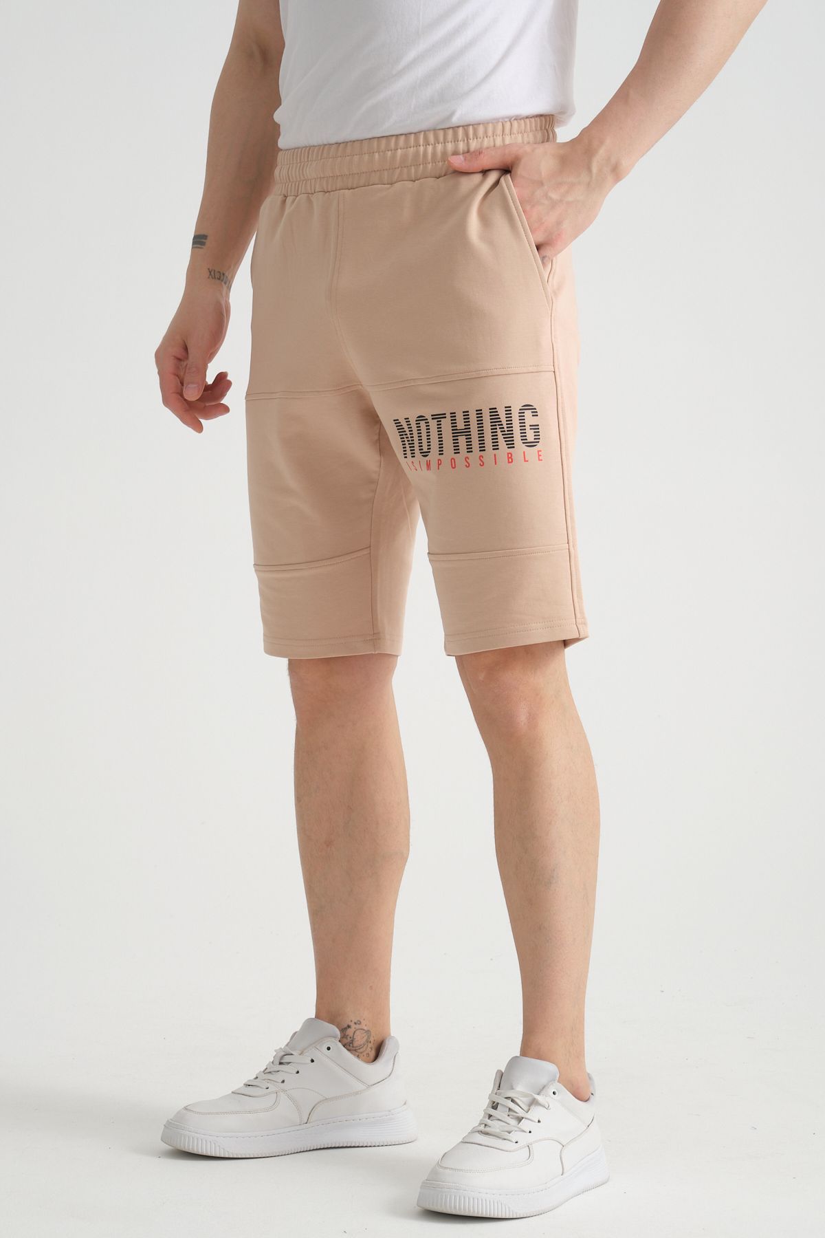 Shooter Sportswear Premium Erkek Şort Bej Baskı Detaylı Fermuar Cep Detaylı Regular Kalıp