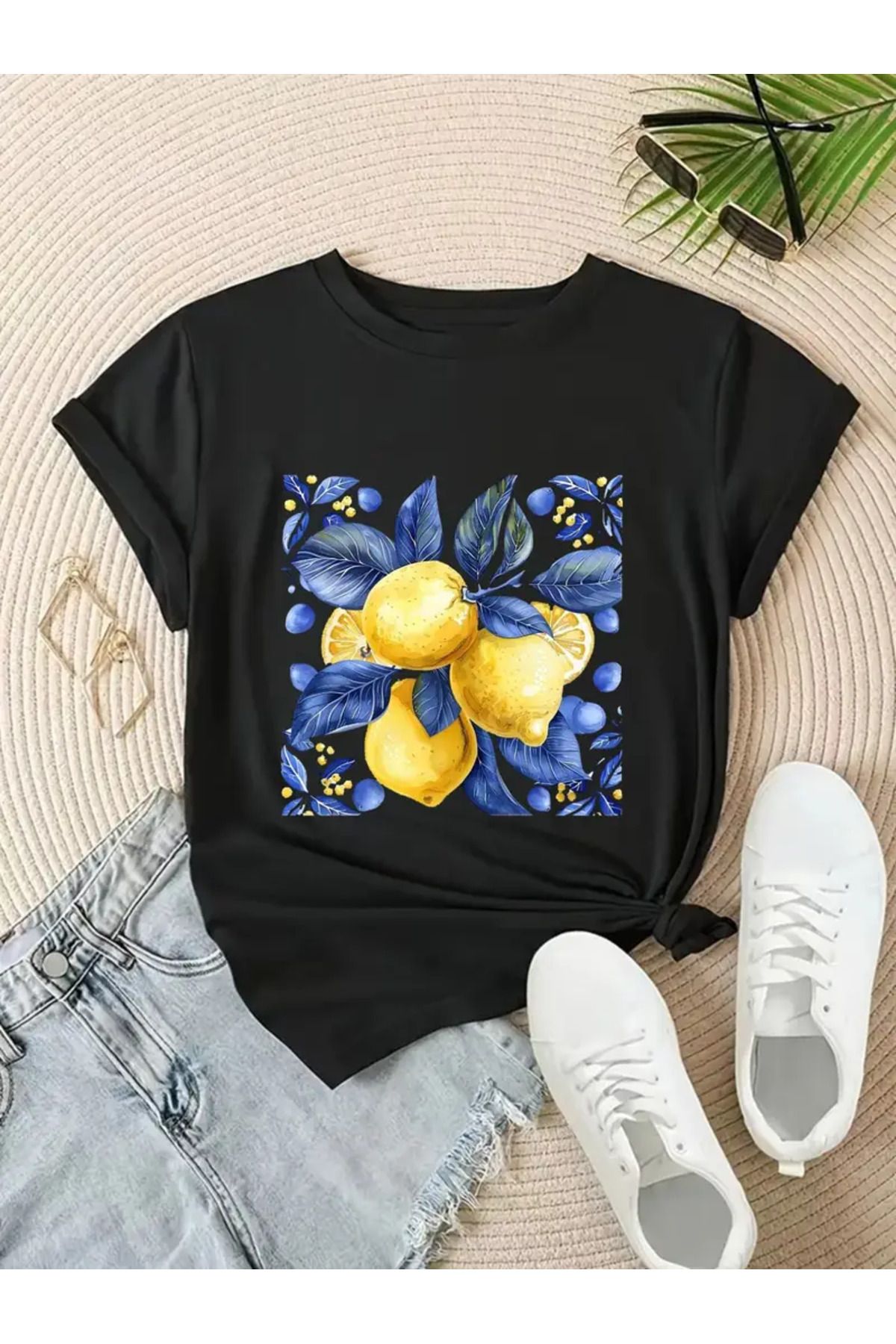 CLASİVA lımon baskılı Baskılı Oversize Bisiklet Yaka T-shirt