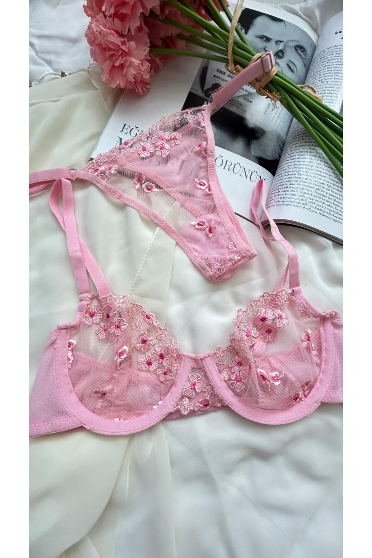 moda strling Elsa Çiçekli Balenli Dantel İç Çamaşır Takımı