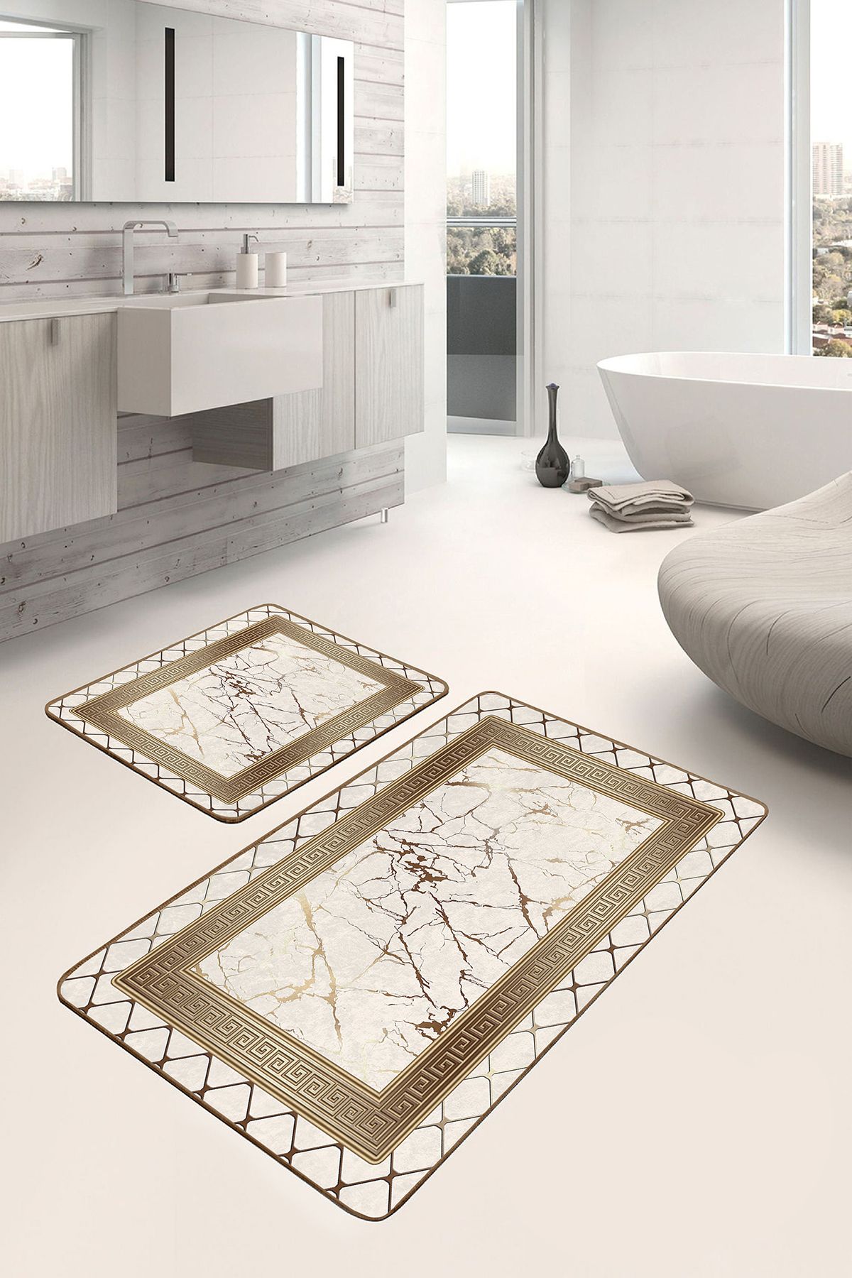 Realhomes Altın Zeminde Çerçeveli Motifli Mermer Desenli Geometrik Klasik 2'li Banyo & Mutfak Paspas Takımı