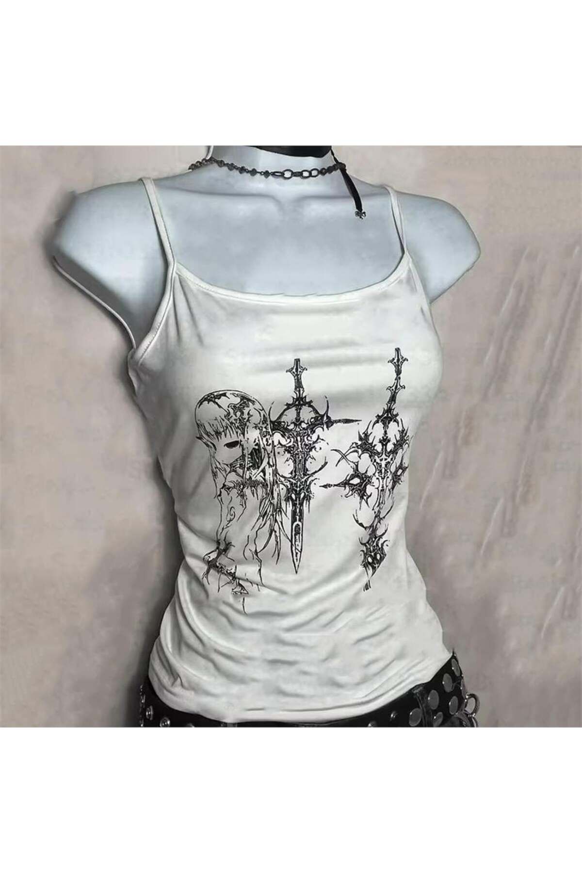 BALİNA Beyaz Gotik Anime Sword Askılı Crop -ALH