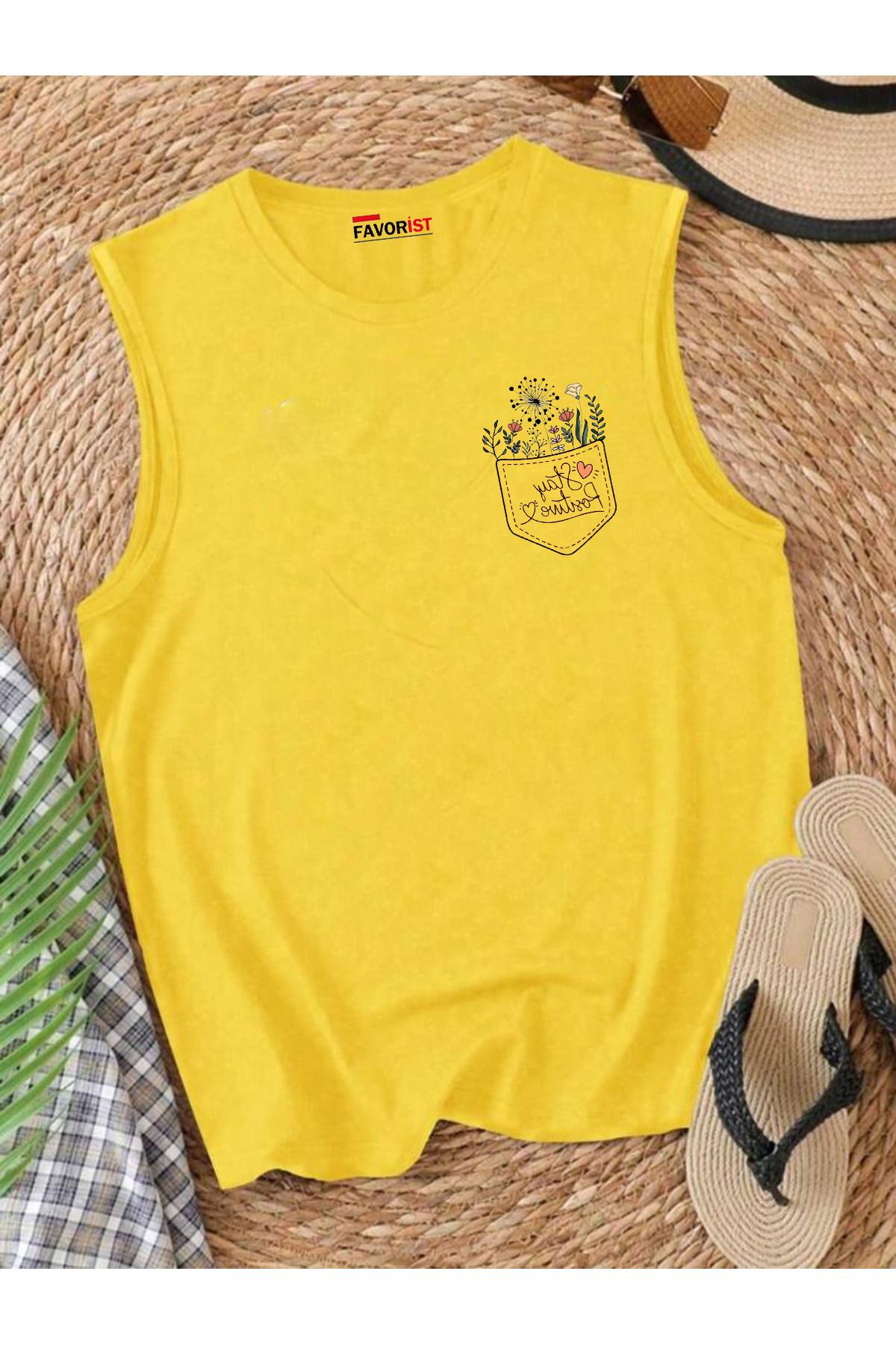 FAVORİST STAY POSITIVE Çiçek Baskılı Omuzu Açık Kadın Pamuklu Kolsuz Yazlık T-shirt Atlet