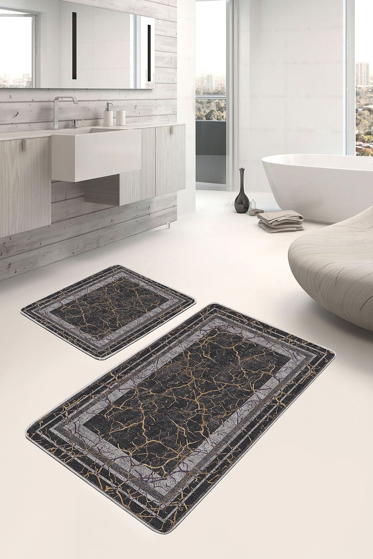 Realhomes Füme - Kahverengi Zeminde Çerçeveli Motifli Antik Avangarde Klasik 2'li Banyo & Mutfak Paspas Takımı