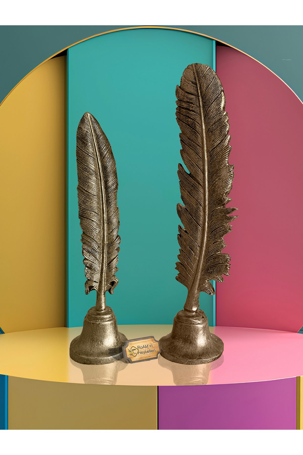 Elioure İki Parçalı Retro Tüy Dekor ve Biblo Seti, Antik Gold Renkli, Şık ve Zarif Tasarım