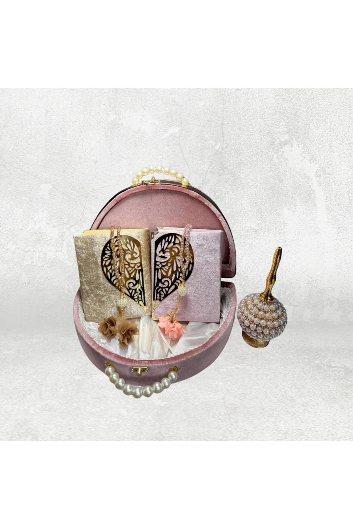 HANAN D Model Kadife Kapitoneli Sandık Çift Kuran´ı Kerimli Özel Set (Pembe)