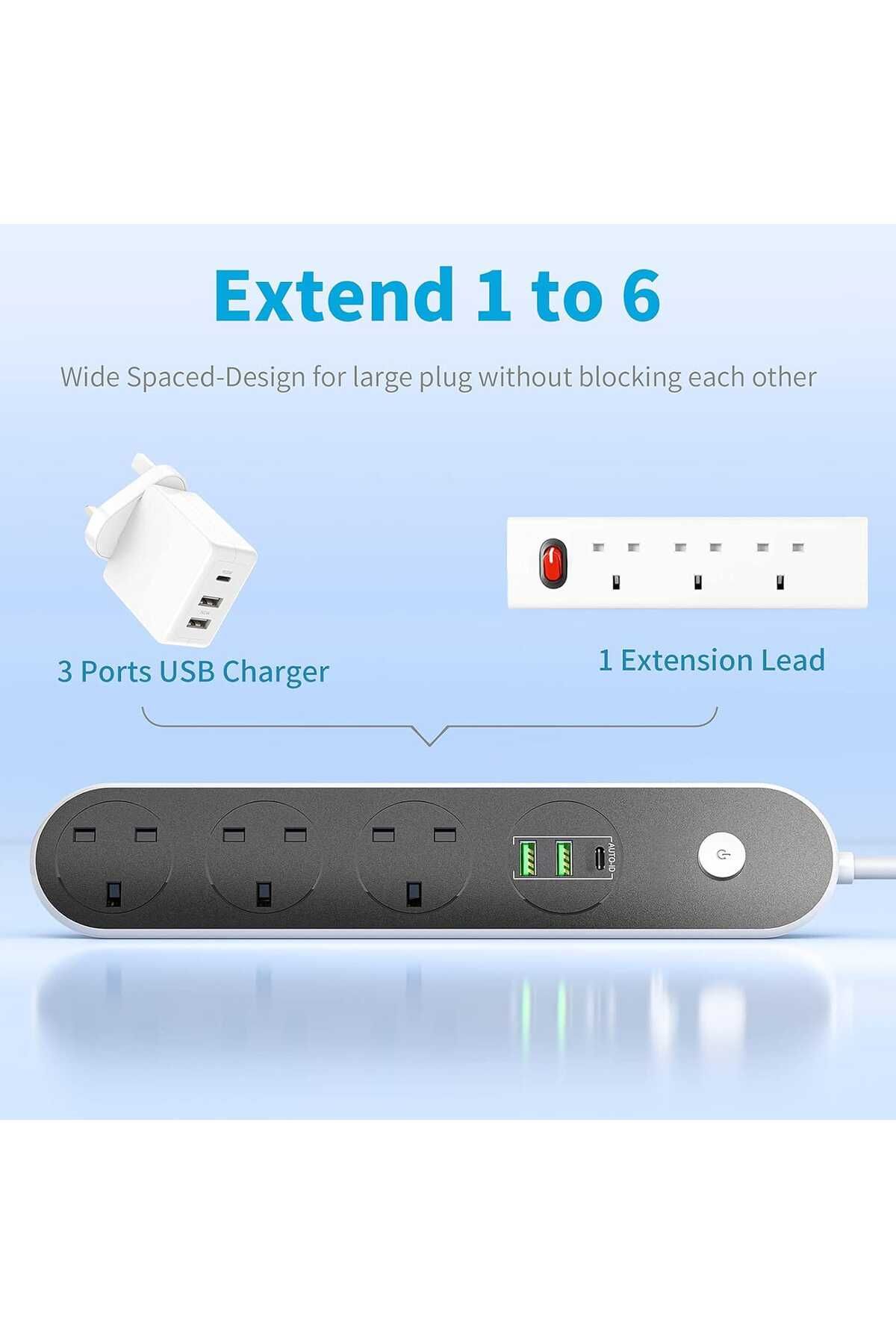 Generic-3-Way Power Extension with USB-C PD 20W, 2 USB Ports, 3M Cord, 2500W, 13A, Safety Shutter, ON/OFF 6