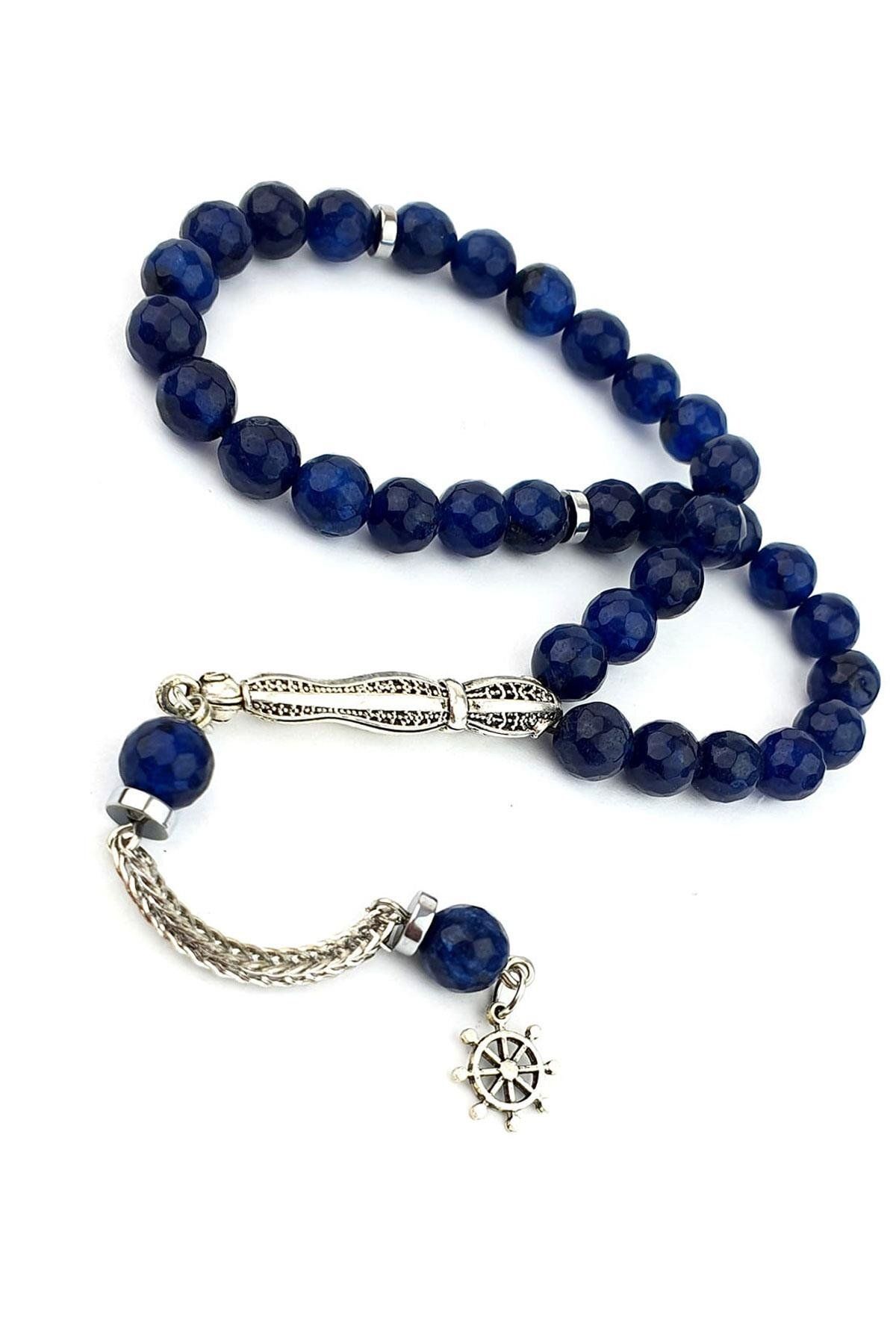 OSESHOP Çelik Püsküllü Mavi Akik Taşlı Faset Kesim Tesbih