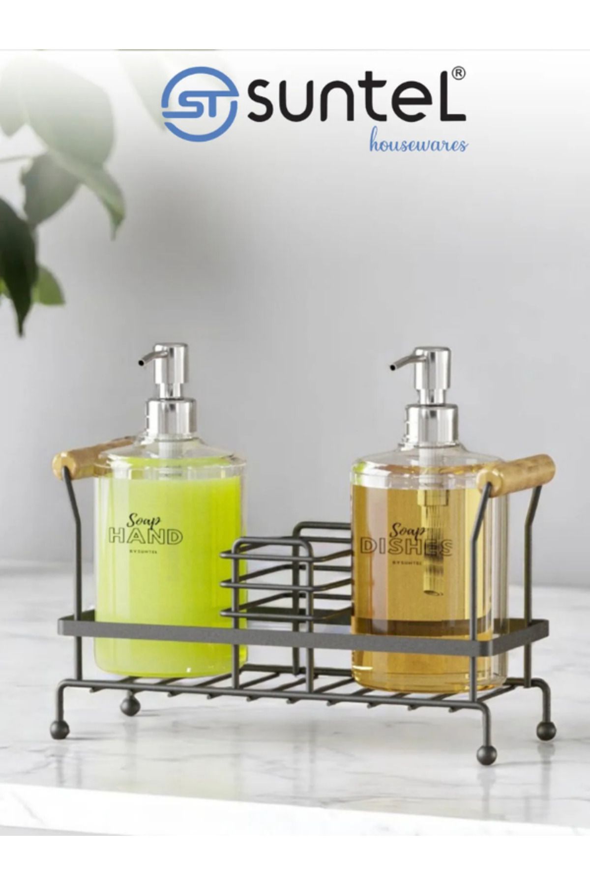 Suntel 2'li Metal Ayaklı Sıvı Sabunluk Seti - 500 ml Siyah Sabun ve Losyon Şişesi - Banyo Organizer