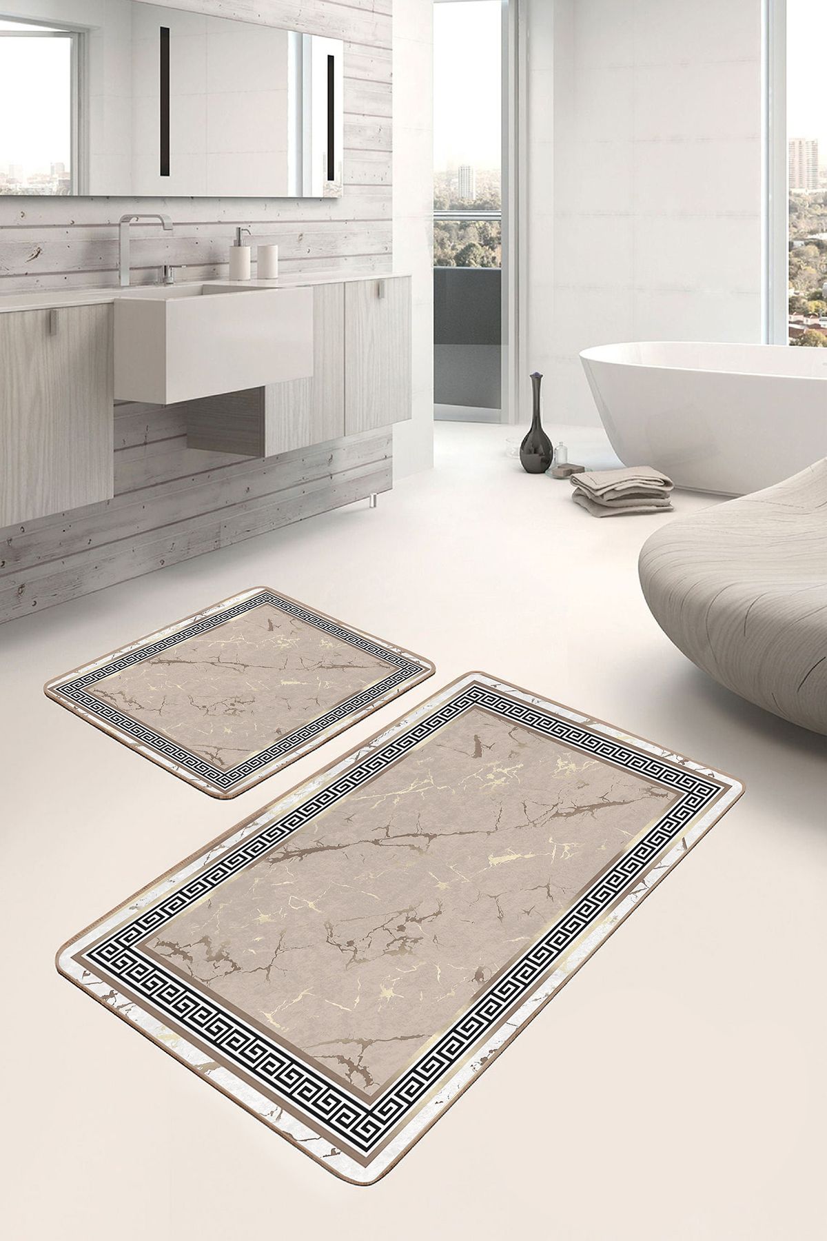 Realhomes Altın - Bej Zeminde Çerçeveli Motifli Mermer Avangarde Geometrik 2'li Banyo & Mutfak Paspas Takımı