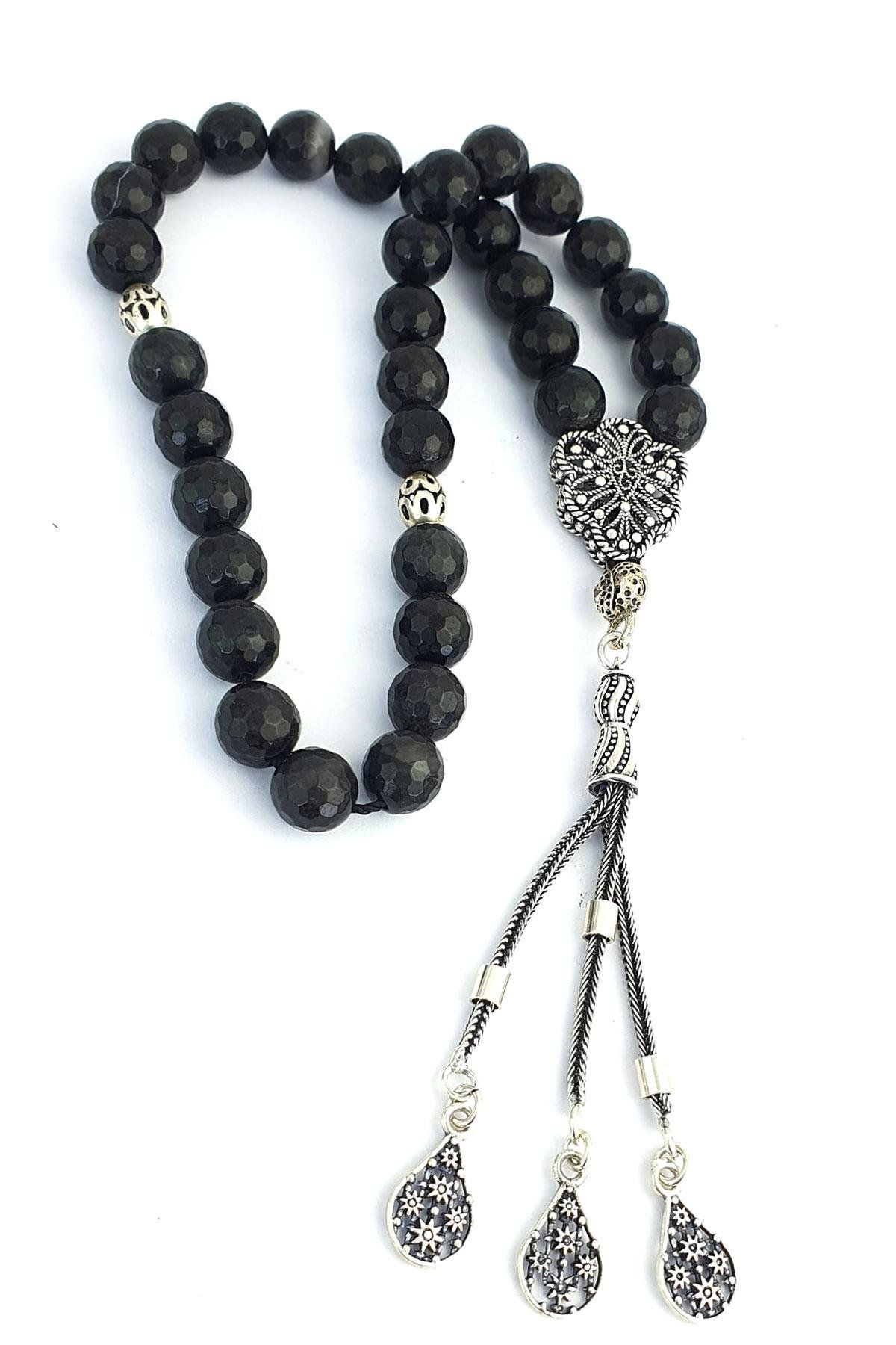 OSESHOP 925 Ayar Gümüş İmameli ve Püsküllü Çizgili Agat Doğal Taş Tesbih