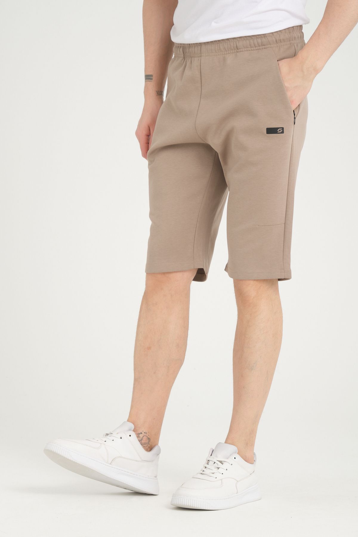 Shooter Sportswear Erkek Şort Vizon Minimal Baskı Detaylı Gizli Fermuar Cep Regular Kalıp