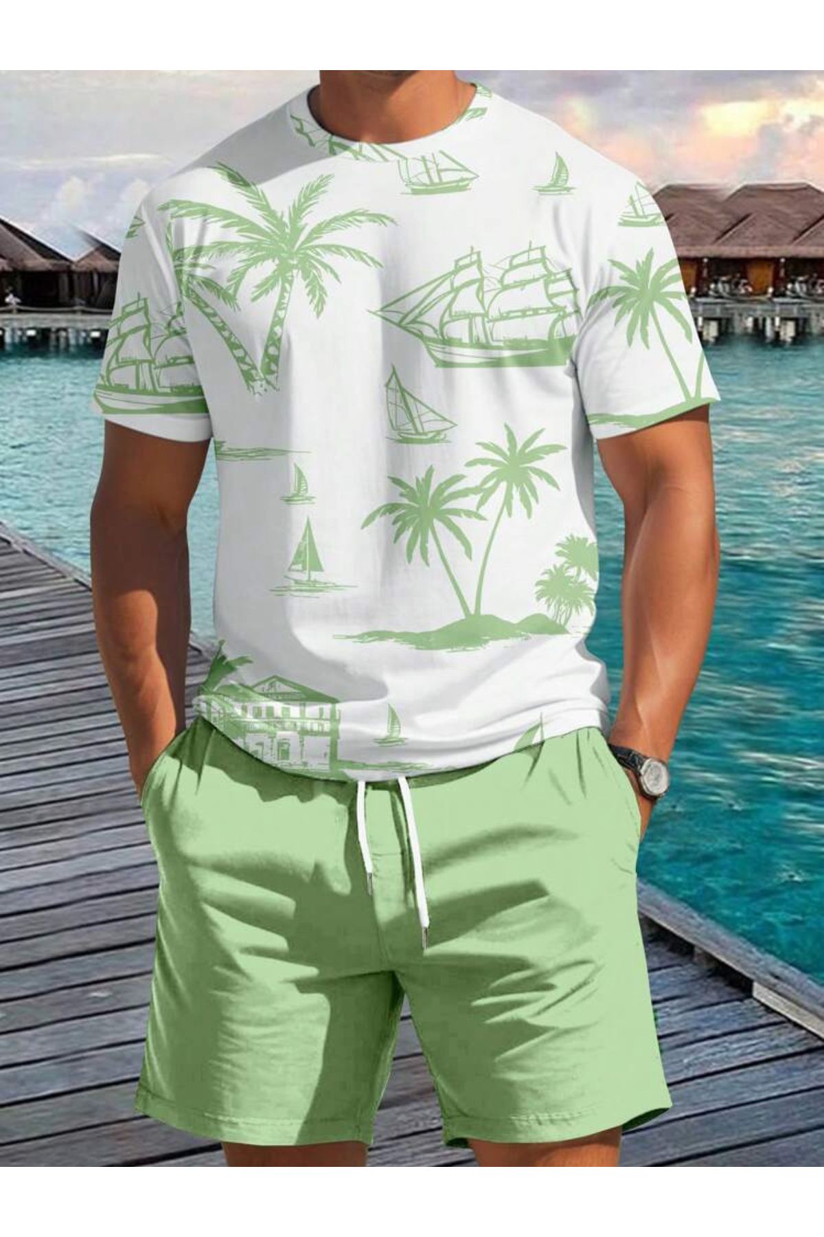 Y2K Erkek yaz desenli t-shirt şort takımı
