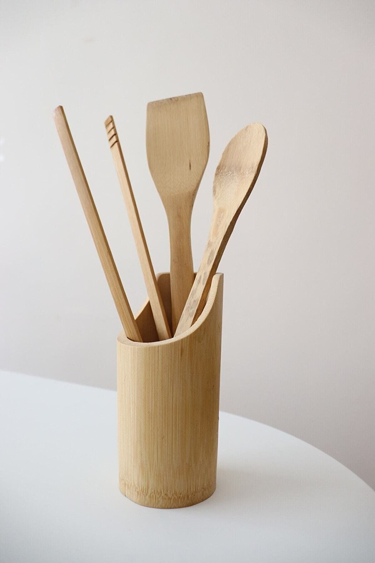Modafiks Standlı Bambu Kaşık Seti 4 Parça - Maşa - Kaşık - Spatula