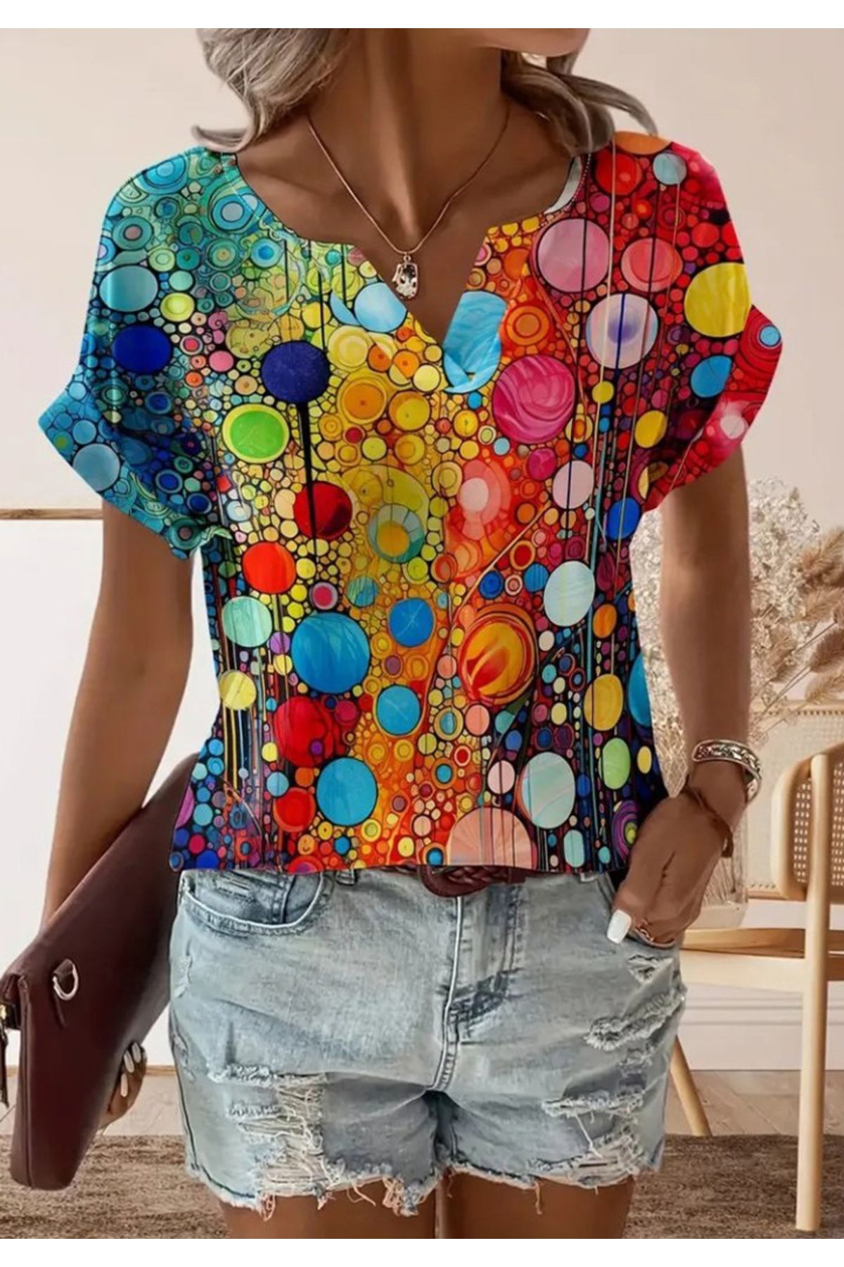 Little Visqon Kadın Kısa Kollu V Yakalı Desenli Süprem Bluz