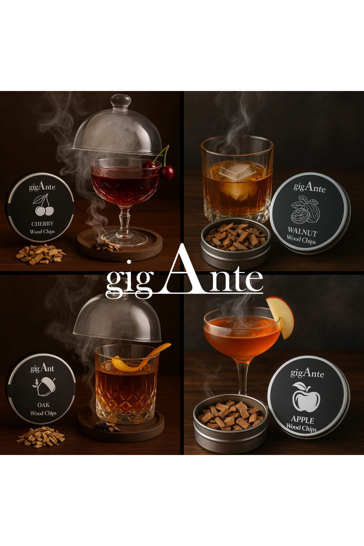 gigAnte 4’lü Viski & Kokteyl Tütsüleme Talaşı Seti – Kiraz, Elma, Ceviz, Meşe Aromalı