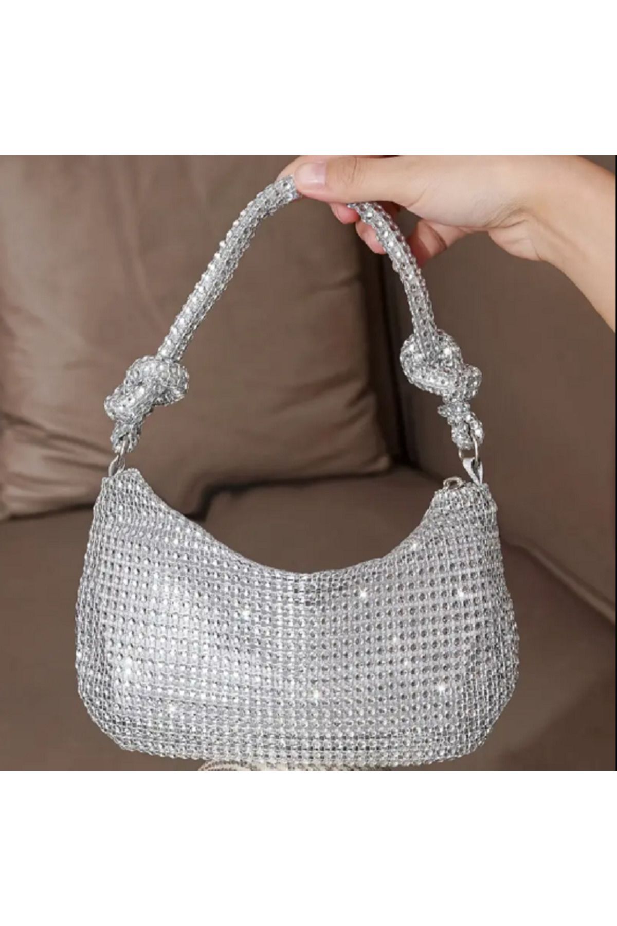 TChic Parlak Gri Mini Glitter El Çantası