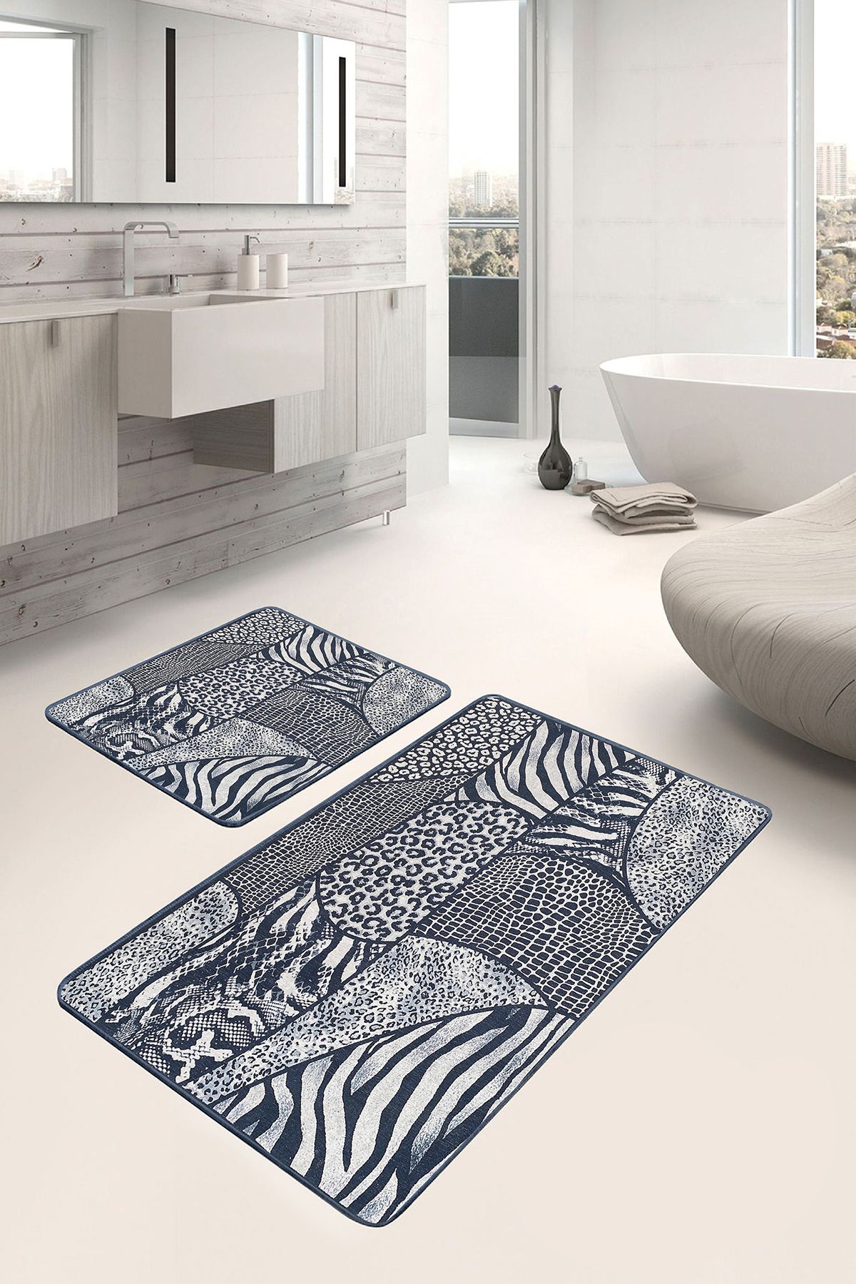 Realhomes 2'li Set Lacivert Zeminde Patchwork Motifli Post Desenli Klasik Sade & Şık 2'li Banyo Paspas Takımı