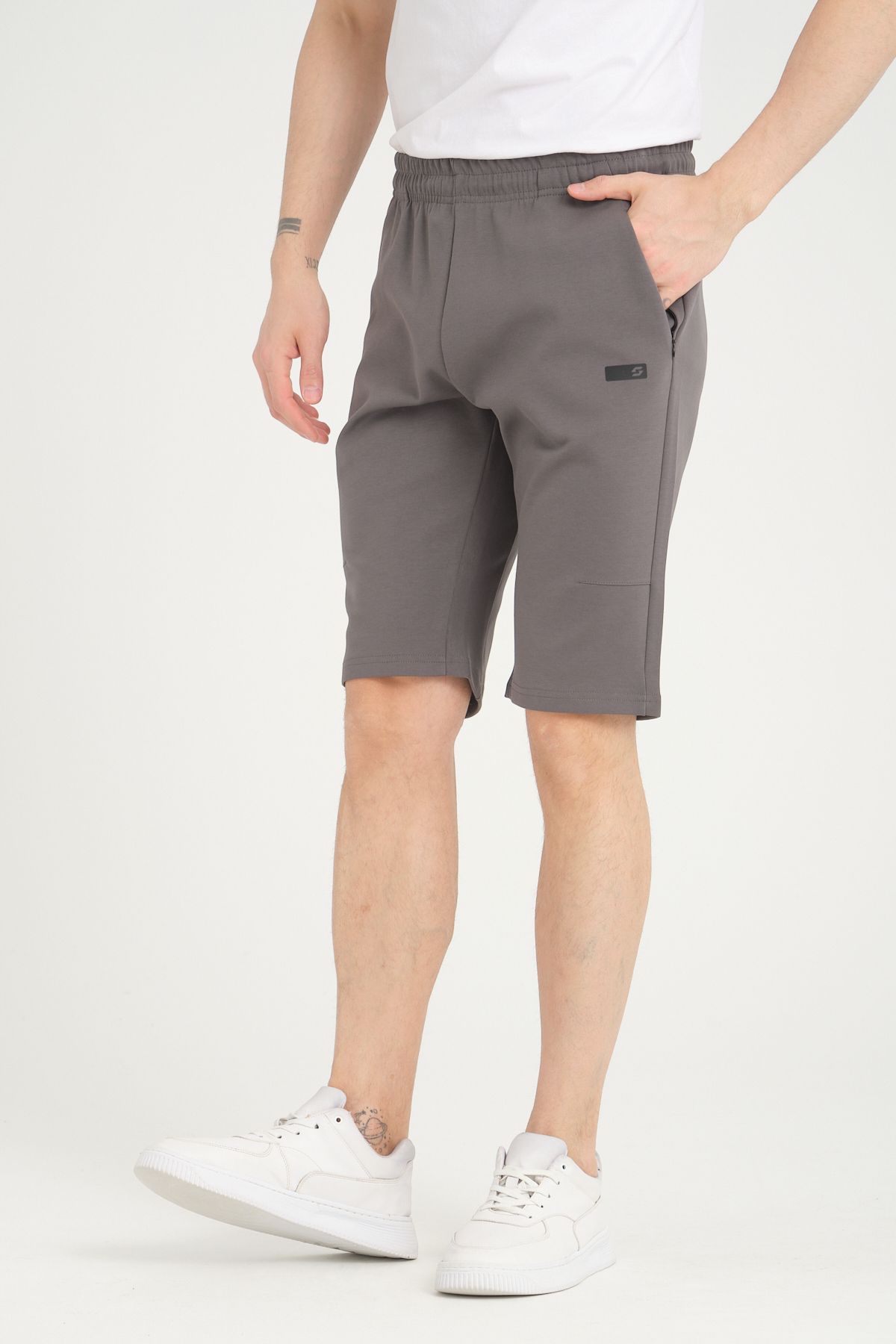Shooter Sportswear Erkek Şort Füme Minimal Baskı Detaylı Gizli Fermuar Cep Regular Kalıp