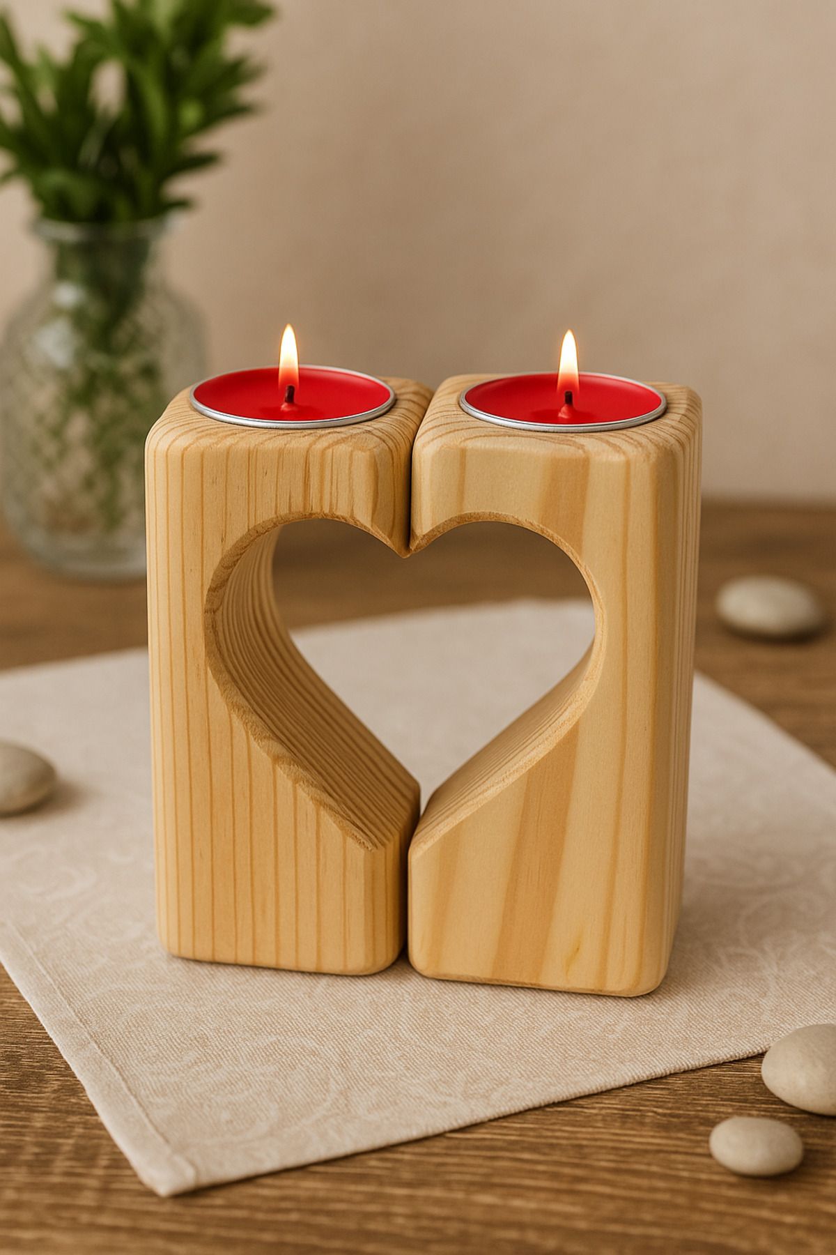 feronia dekor Kalp Detaylı Doğal Ahşap İkili Mumluk | Romantik Tealight Şamdan