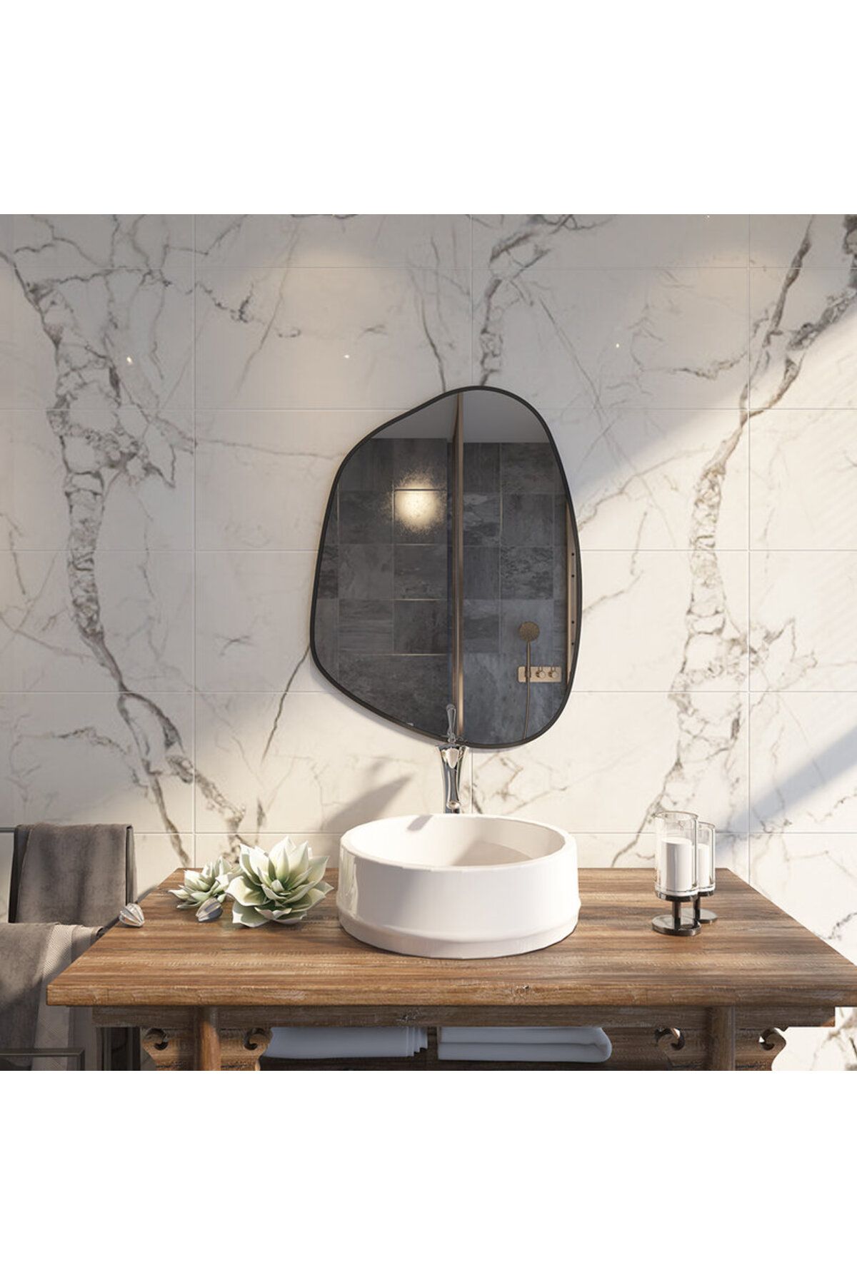 Aypars Atölye 50x68 cm Asimetrik Duvar Aynası – Siyah Kenarlı, Şık ve Modern Dekoratif Ayna