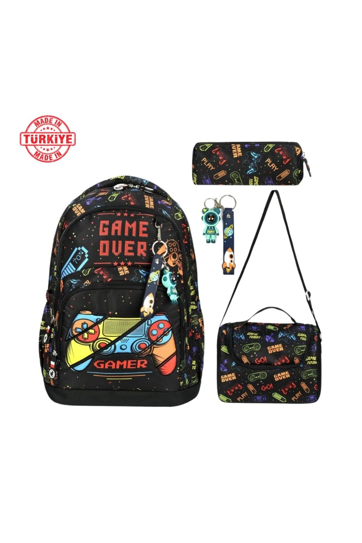 great bags Erkek Çocuk Ortopedik Su Geçirmez Gamer Desen İlkokul Sırt Çantası Termal Beslenme+Kalemlik+Anahtar