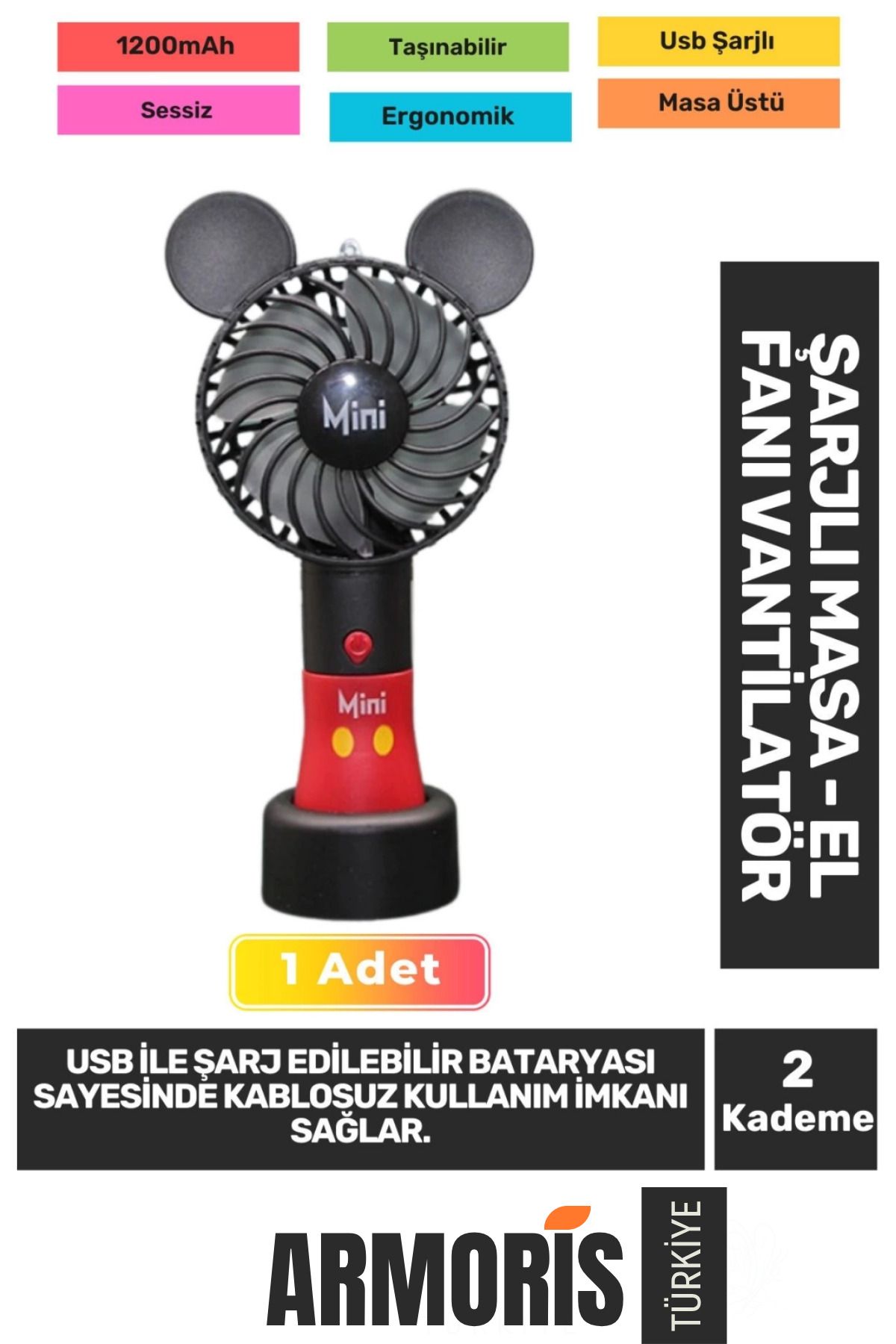 Armoris Yeni Nesil Sessiz 2 Kademeli Kablosuz 1200mAh Pervaneli Taşınabilir Şarjlı Masa El Fanı Vantilatör