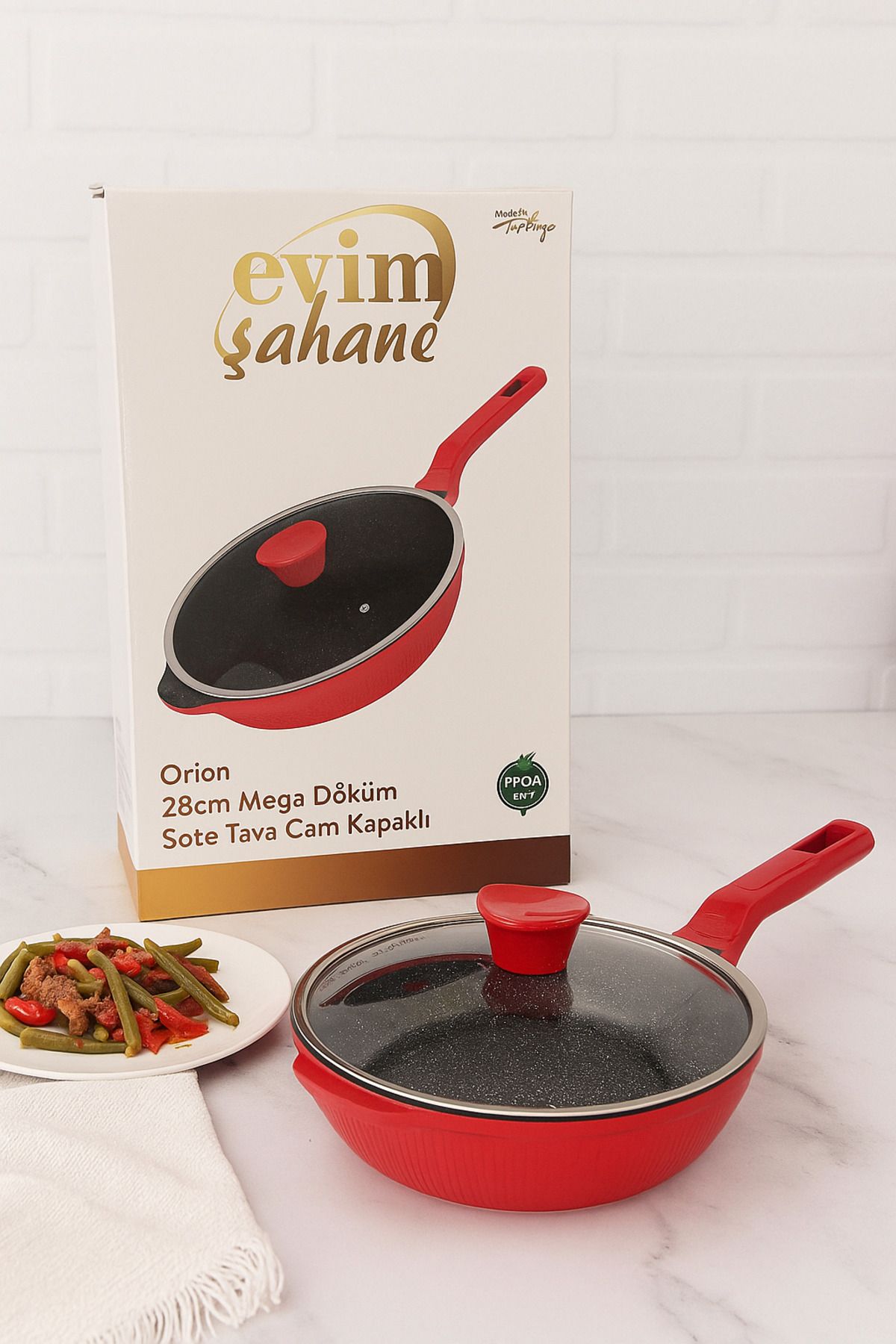 Evim Şahane 28 CM Mega Döküm Sote Tavası – 3.5 LT, Cam Kapaklı, Kırmızı Renk, Yanmaz Yapışmaz