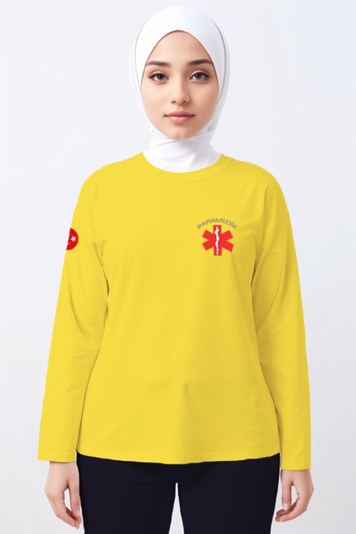 Pratik Medikal Sarı Paramedik Bisiklet Yaka Uzun Kollu Tişört Unisex