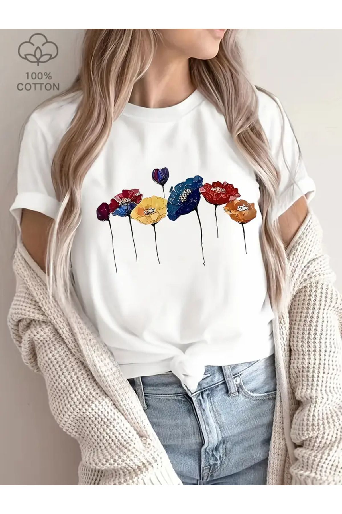 MAGORS FLOWERS BASKILI BİSİKLET YAKA PAMUKLU KISA KOLLU KADIN VE ÇOCUK TSHIRT