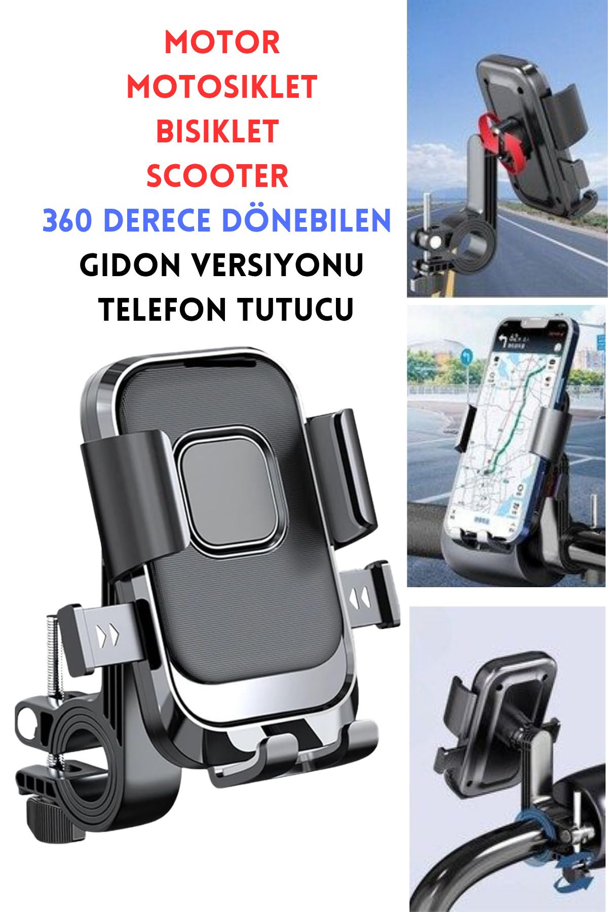 Shopura Motosiklet,Bisiklet ,Scooter İçin 360 Derece Dönebilen Gidon ve Ayna Bağlantılı Telefon Tutucu