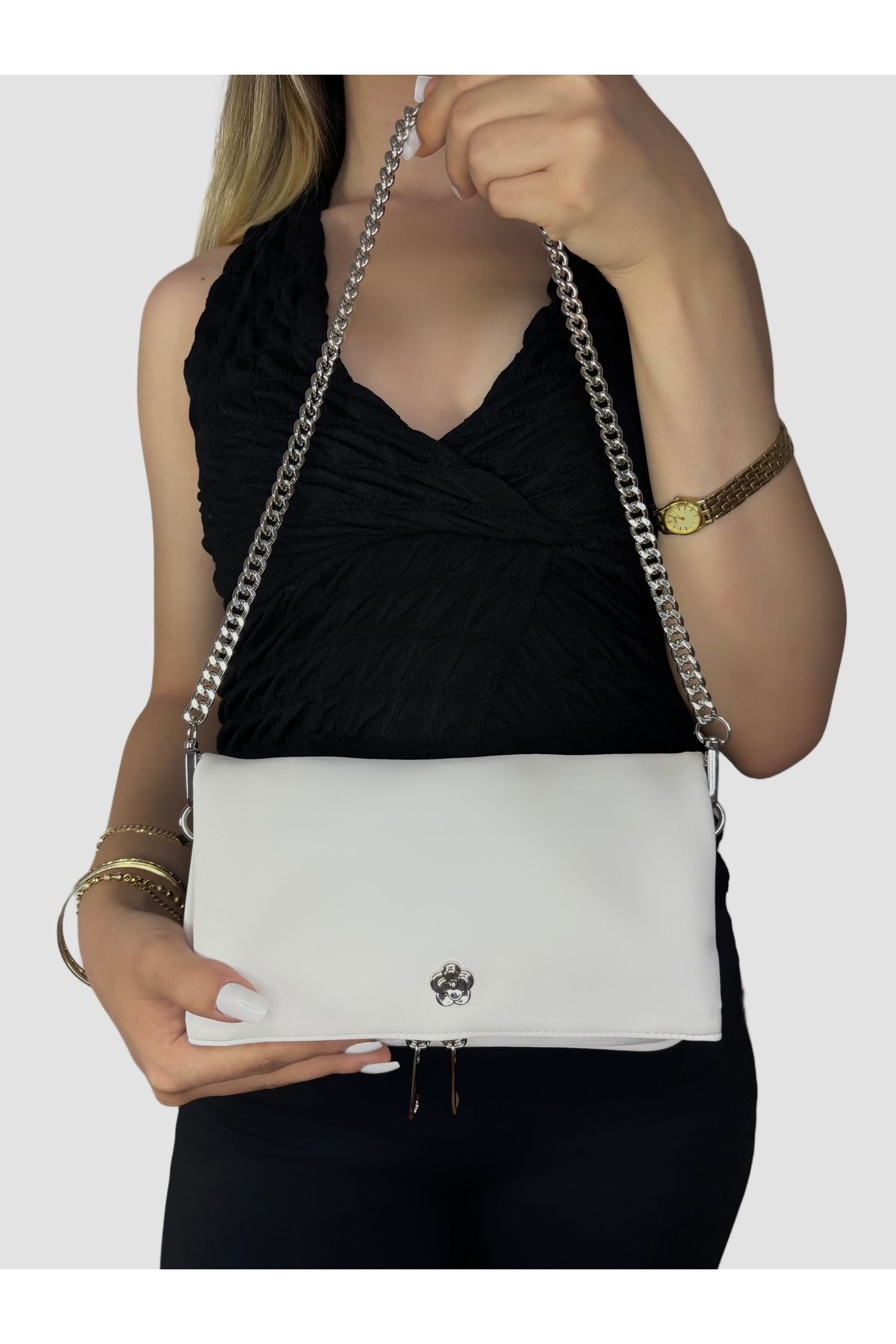 BK Bags & Accessories BEYAZ ZİNCİR ASKILI EL VE OMUZ KADIN ÇANTASI