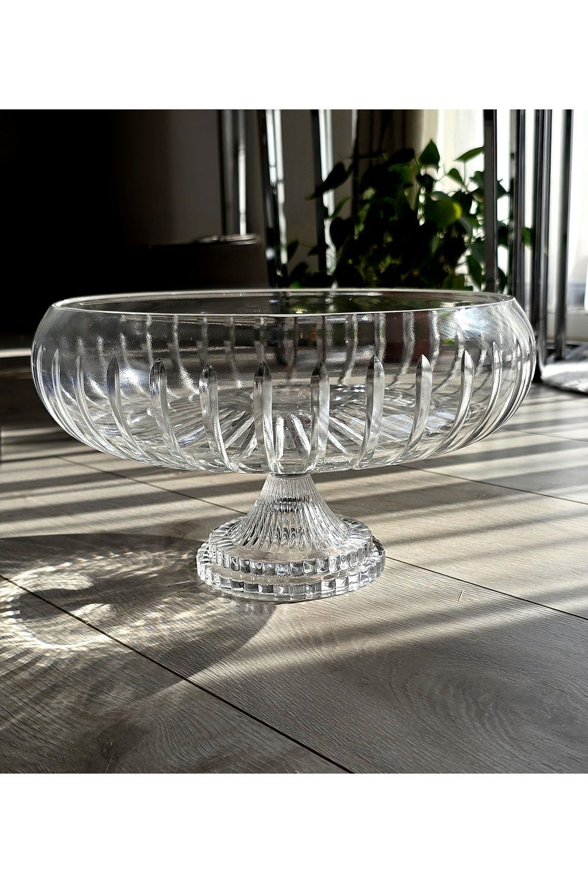 devigo Kesme Kristal Yuvarlak Ayaklı Sunumluk Kase 24 Cm Salata Sunum Kasesi