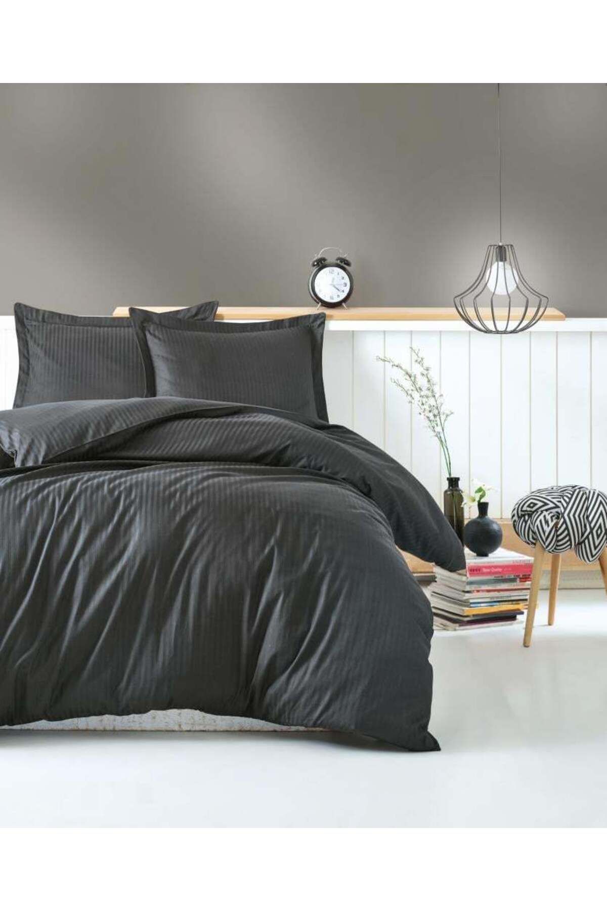 Modafiks Çift Kişilik Saten Nev Takımı Elegante Stripe Antrasit