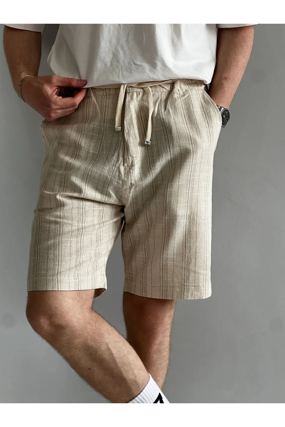 MENOFOURSWEAR Kahverengi Çizgili Keten Şort