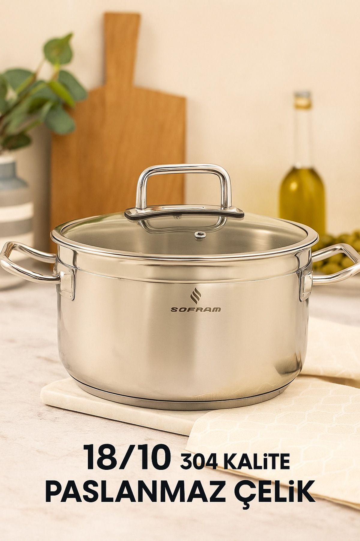 Sofram Yeşiltan Sofram Atlas Serisi 22 cm Derin Tencere – 4 Litre, 18/10 Paslanmaz Çelik, Cam Kapaklı