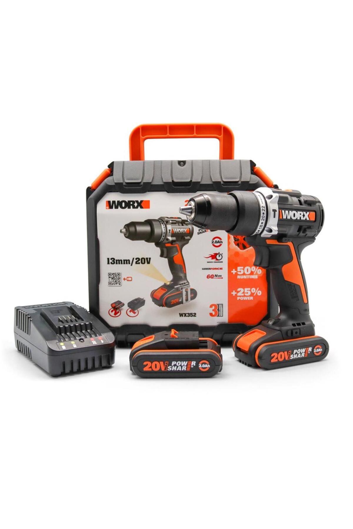 Pazarcan Worx Wx352 20Volt/2.0Ah Li-Ion Çift Akülü Kömürsüz Profesyonel Şarjlı Darbeli Matkap