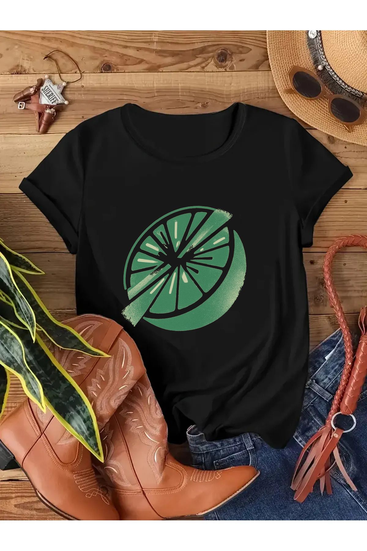 MAGORS LİMON BASKILI BİSİKLET YAKA PAMUKLU KISA KOLLU KADIN VE ÇOCUK TSHIRT