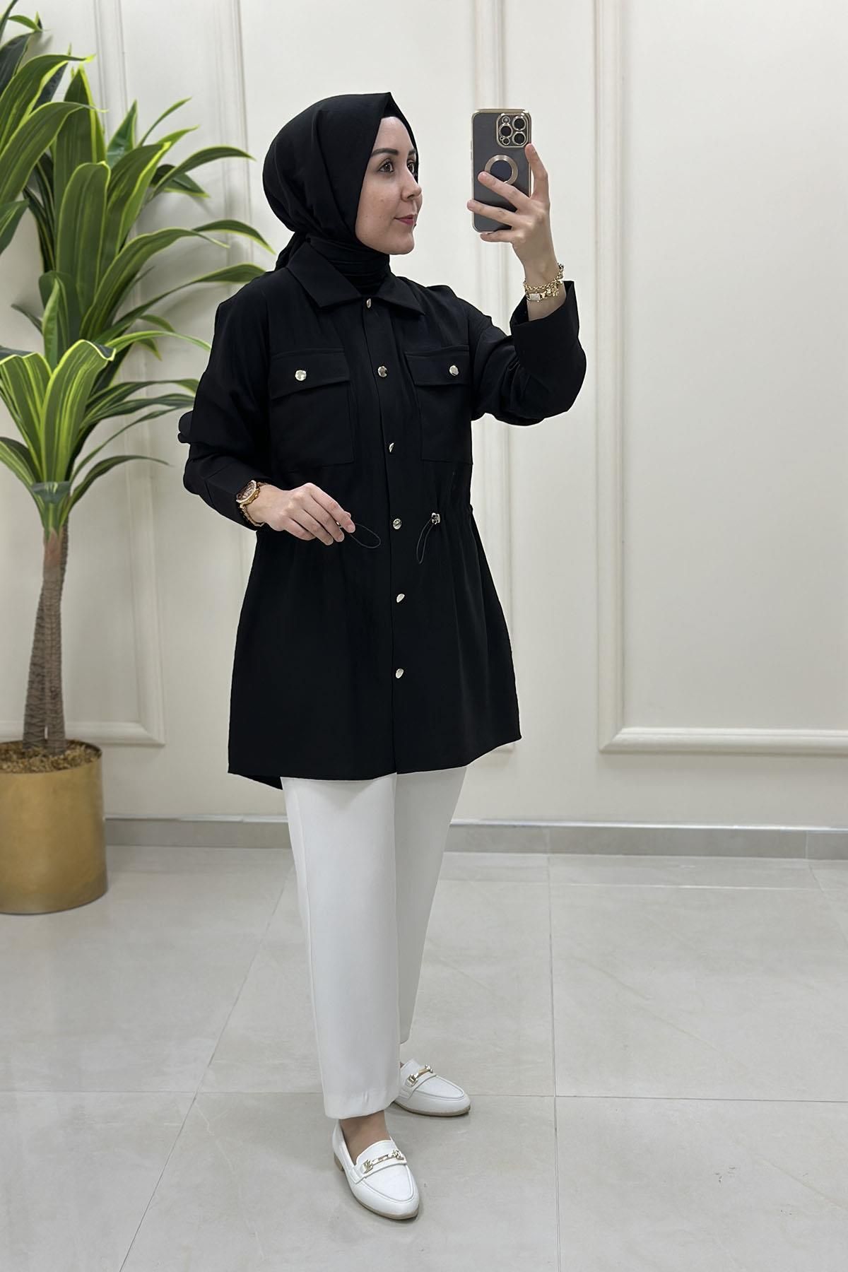 KADO Önü Düğmeli Beli Büzgülü Kadın Giyçık Tunik Siyah KADO 251744
