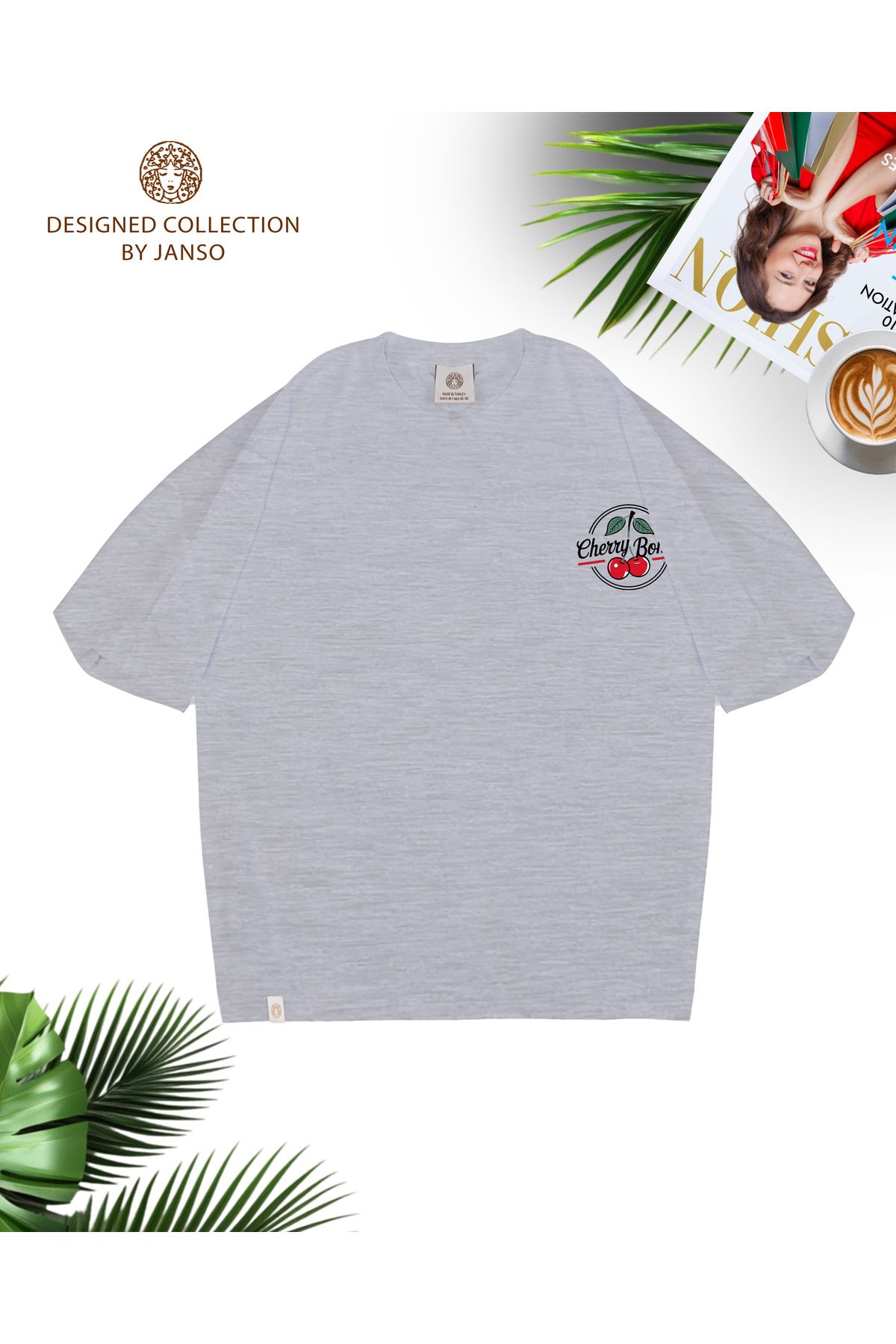 JANSO GROUP -Kadın PAMUKLU BASKLI Cherry Bor TSHIRT OVERSİZE BÜYÜK BEDEN