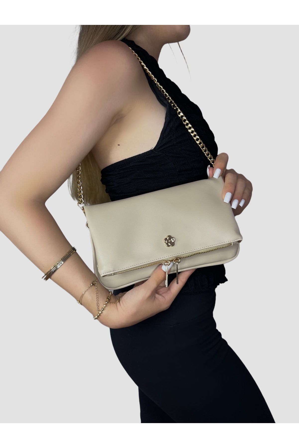 BK Bags & Accessories VİZON ZİNCİR ASKILI EL VE OMUZ KADIN ÇANTASI