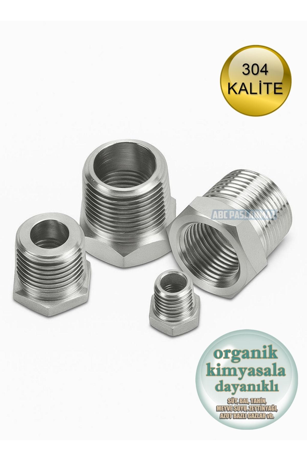 abcpaslanmaz Dişli Redüksiyon | Krom Düşürücü | 11/2'' x 1/2'' Paslanmaz Çelik 304 Kalite Busing | Bsp Dişli Burç